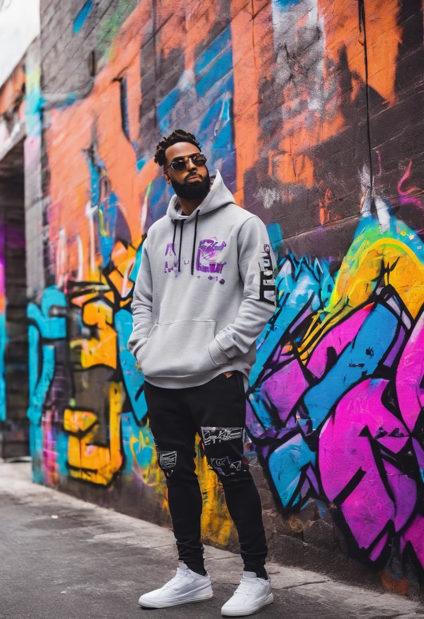 , Luiz Henrique, moreno, cabelo preto curto estilo low fade e barba rente, rosto oval arredondado e maxilar marcado, 35-year-old appearance wearing dark grey sweatshirt with LuizTonon writing in purple and white outline, fones de ouvido branco com luzes rgb, neon lighting background