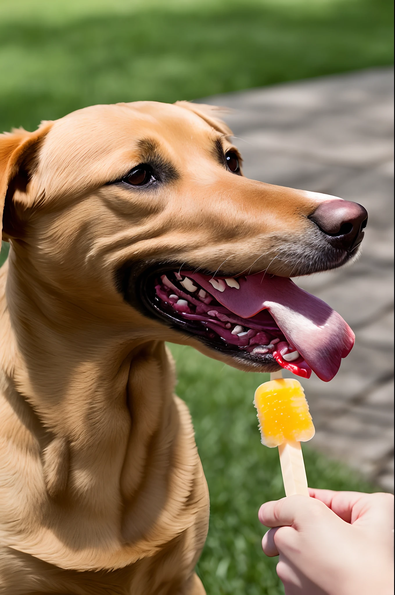 Yellow pinscher dog licking a popsicle.