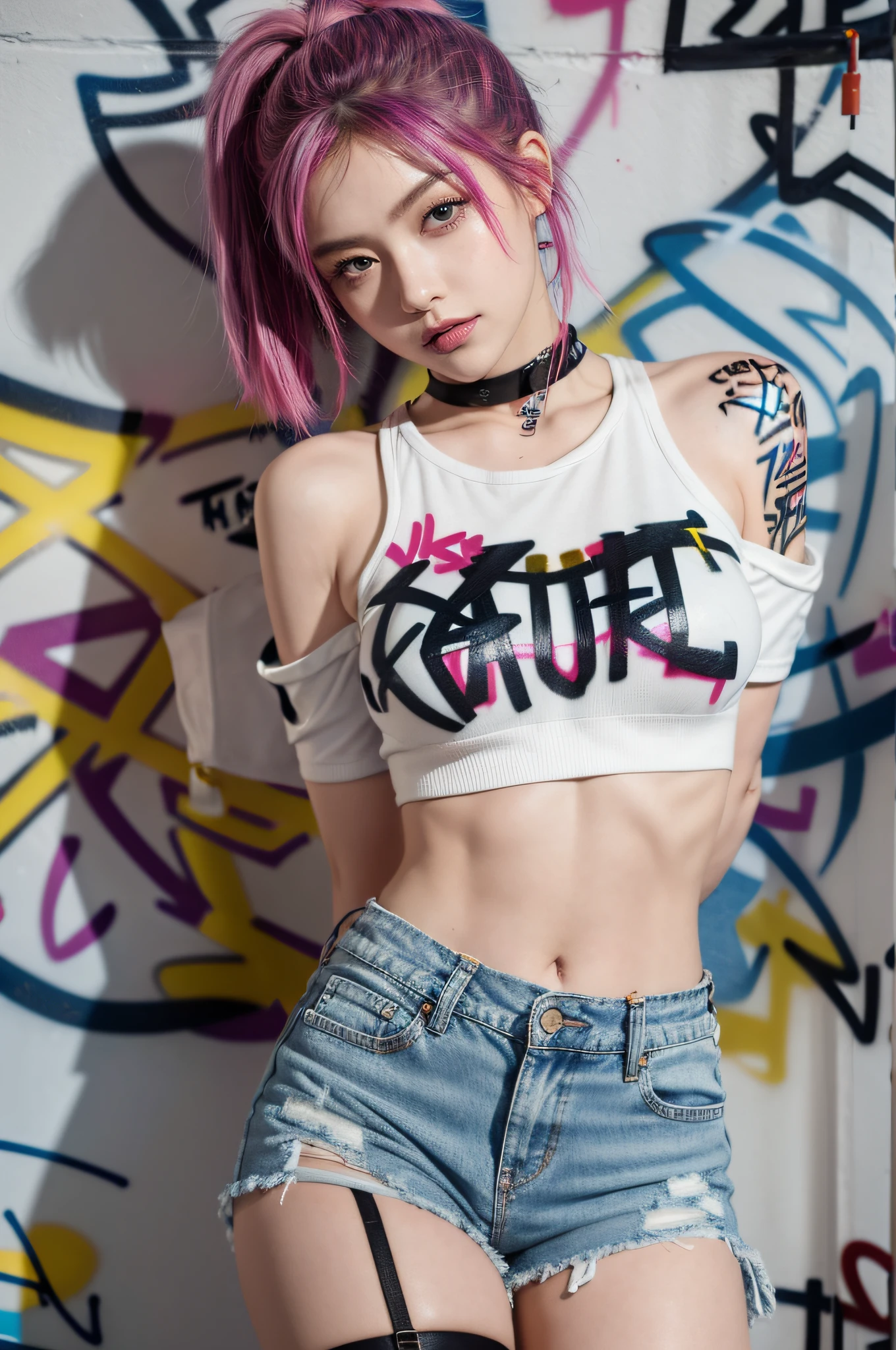 Best quality at best, Original, masterpiece, best quality, 1girl, sweet girl, solo, crop top, denim shorts, choker, (graffiti:1.5), paint splatter, arms behind back, against wall, looking at viewer, armband, thigh strap, paint on body, head tilt, bored, multicolored hair, aqua eyes, headset,