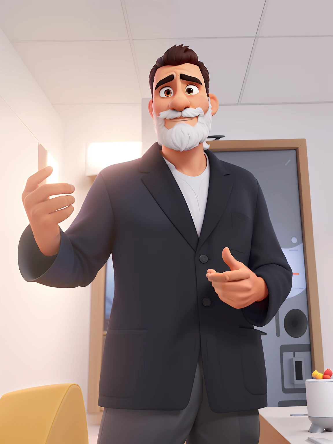 Pode melhorar barba mais rala com uns fios brancos, Make the full body appearing white red shoes. Man stands on black background on a speaker-like stage with microphone in one hand and book in the other in Disney pixar style best quality, maior qualidade.