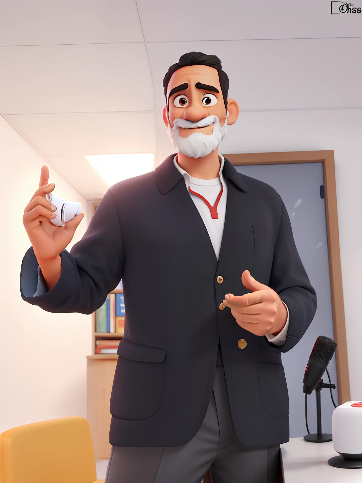 Pode melhorar barba mais rala com uns fios brancos, Make the full body appearing white red shoes. Man stands on black background on a speaker-like stage with microphone in one hand and book in the other in Disney pixar style best quality, maior qualidade.
