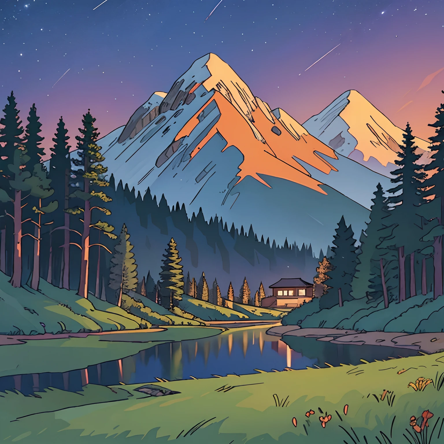 train, mountain background, twilight, pine forest, pond,