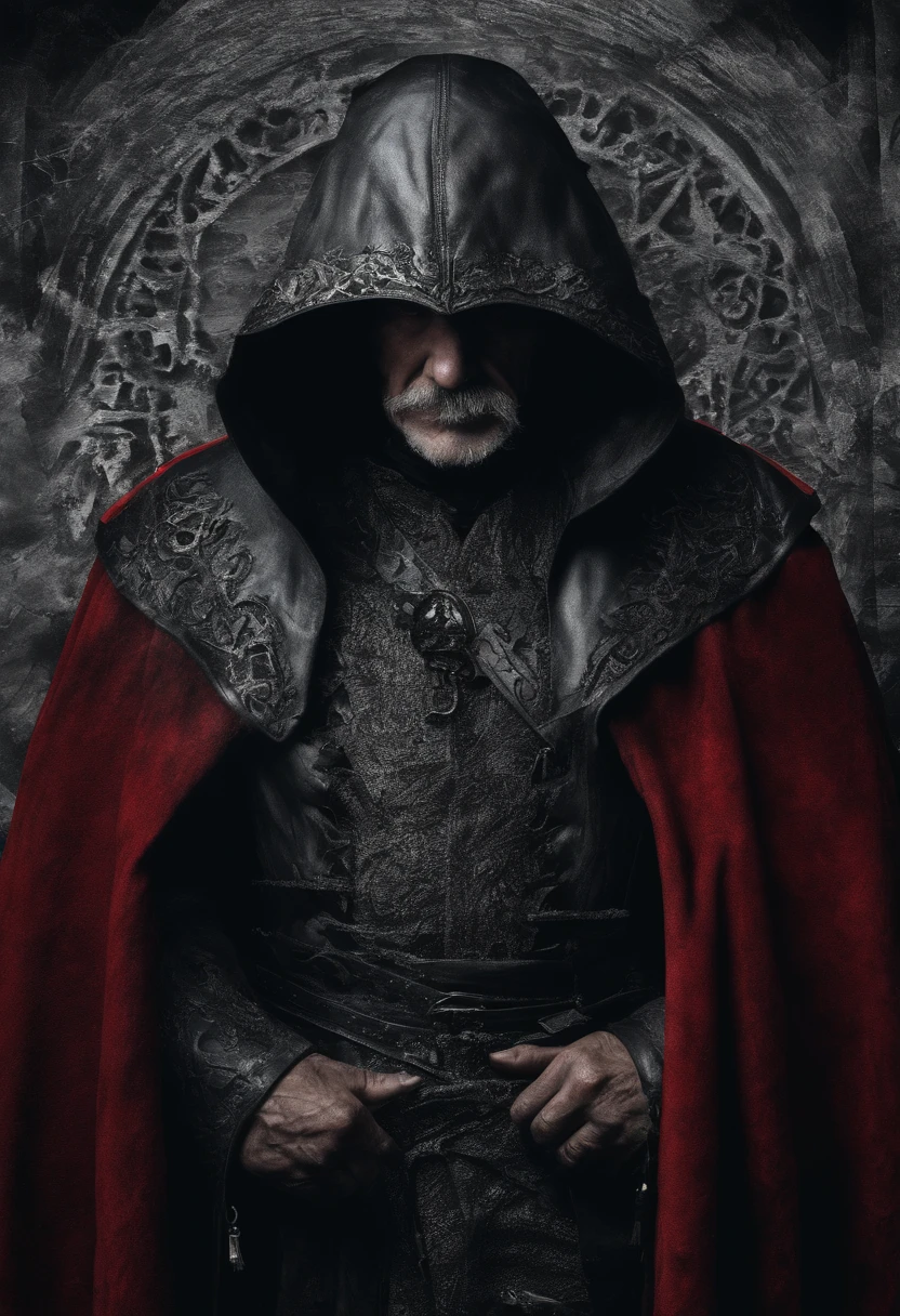 Create an image of an adult man in his 60s, with a gray mustache and long gray hair, wearing a red leather cloak This man looks like a wise and experienced traveler. His hair and mustache are gray, but they are still thick and healthy. His leather cloak is a bright red color that stands out from the surrounding landscape. He looks like he is ready for any adventure.