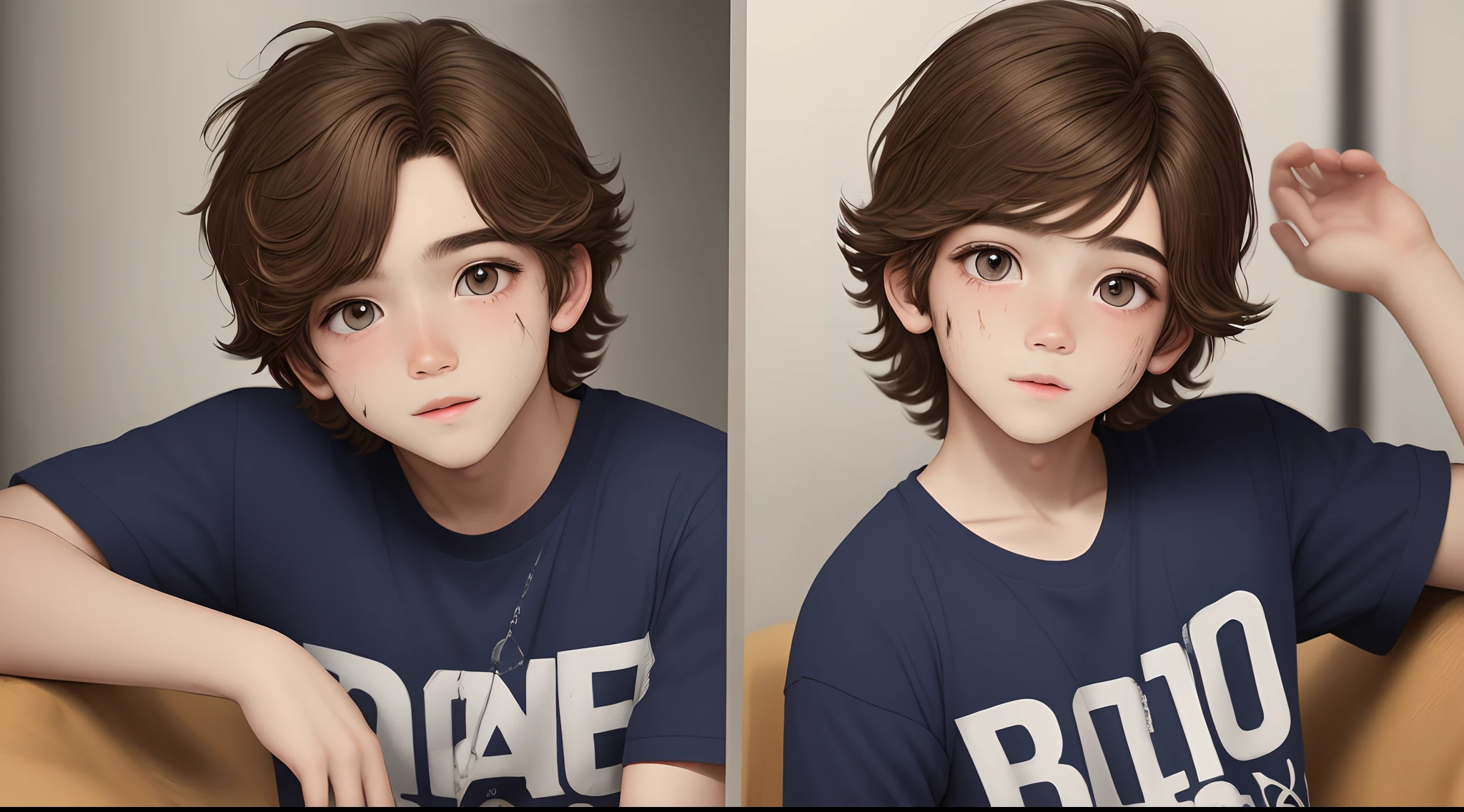 Menino alto, olhos castanhos, pele branca, Messy brown hair, bonito
