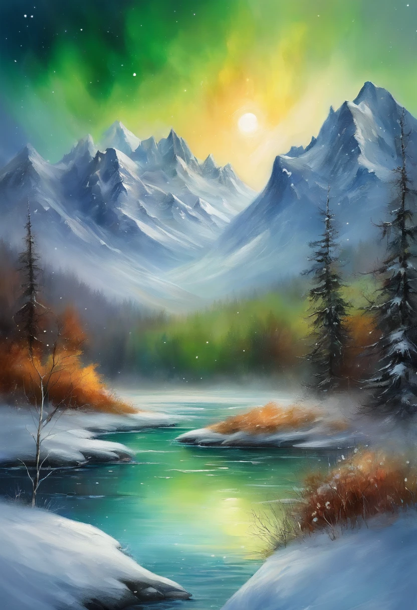 (best quality,4k,8k,highres,masterpiece:1.2),ultra-detailed,(realistic,photorealistic,photo-realistic:1.37),snowy landscape,quiet,peaceful,ethereal atmosphere,natural beauty,majestic,the feeling of solitude,serene,tranquil,winter wonderland,magical,enchanted,glistening snow,sparkling ice crystals,frozen trees,icy lake,impressive mountain range,mystical aura,aurora borealis dancing in the sky,vibrant green,shimmering colors,illuminating the night,surreal experience