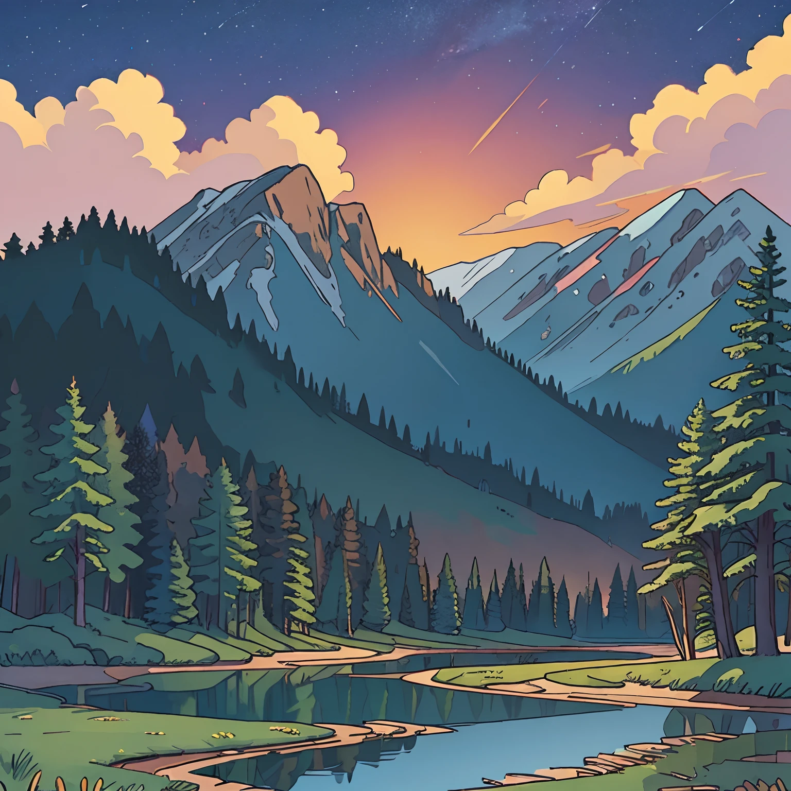 train, mountain background, twilight, pine forest, pond,