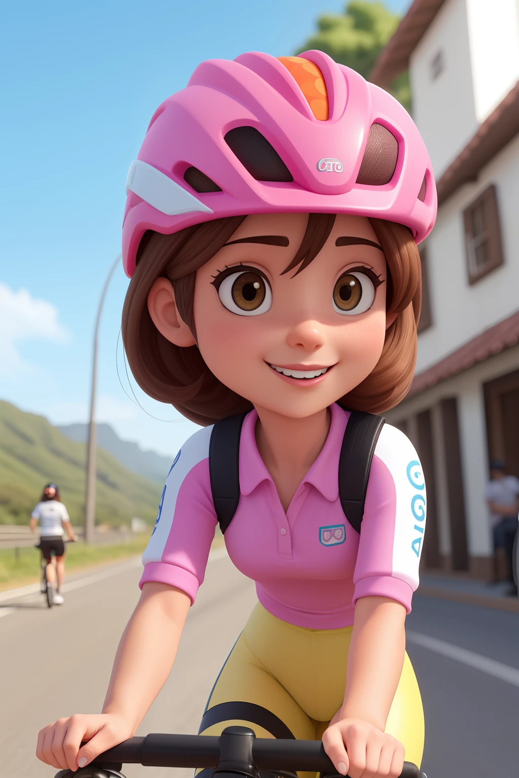 Uma mulher ciclista com trancas e cabelos castanhos claro, with a visible eye that appears to be light brown in color. Sua pele parece morena e ela exibe um sorriso leve, com umas covinha nas bochechas. O rosto dela mostra uma sobrancelha bem definida e uma pele aparentemente lisa. Roupa de ciclista rosa e justa. Com um capacete branco de ciclista. No estilo Disney Pixar