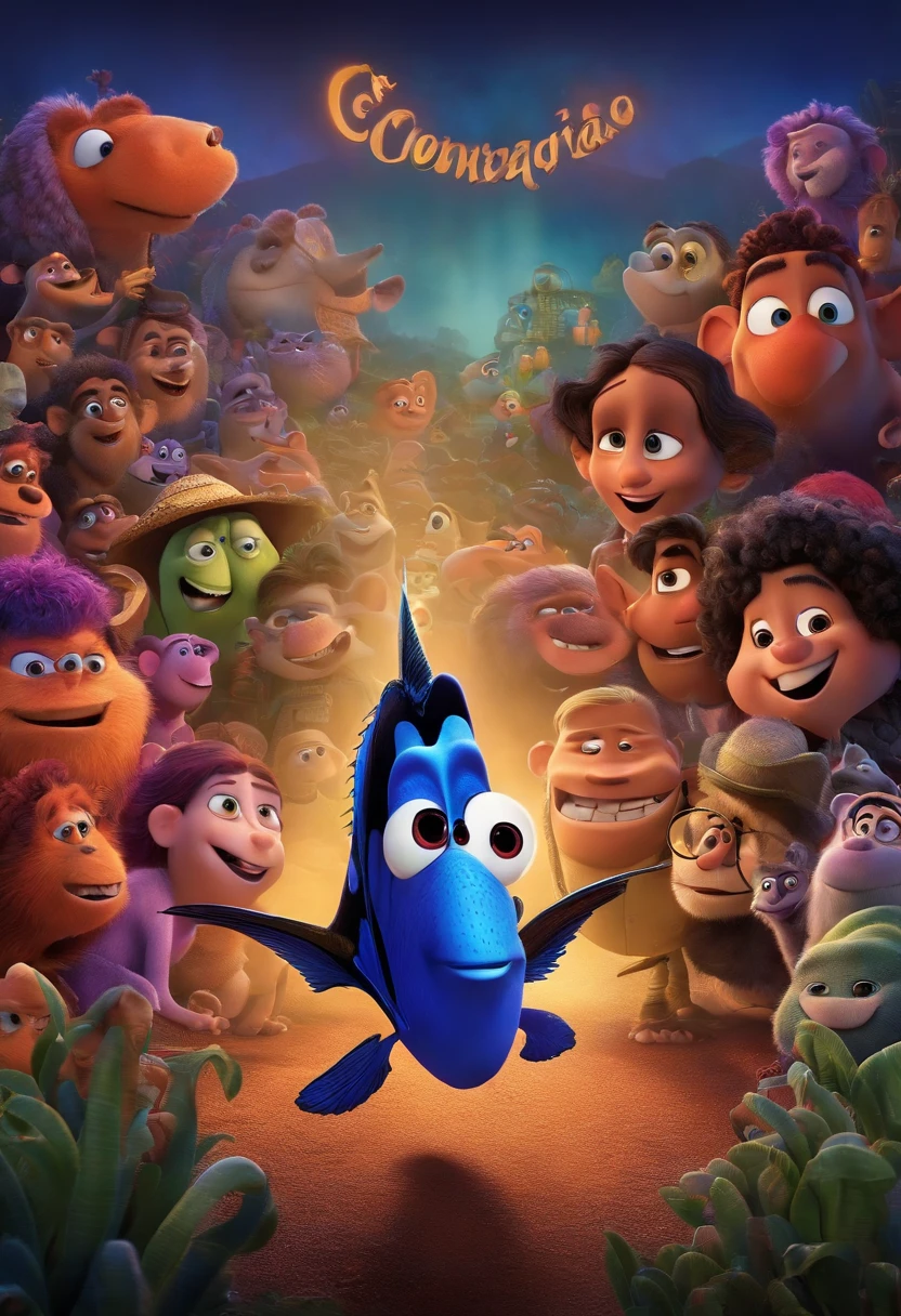 filme CONEXAO DA ALEGRIA estilo filmes Pixar, Com nome "CONEXAO DA ALEGRIA", poster, with credits DE TREM EM MOVIMENTO