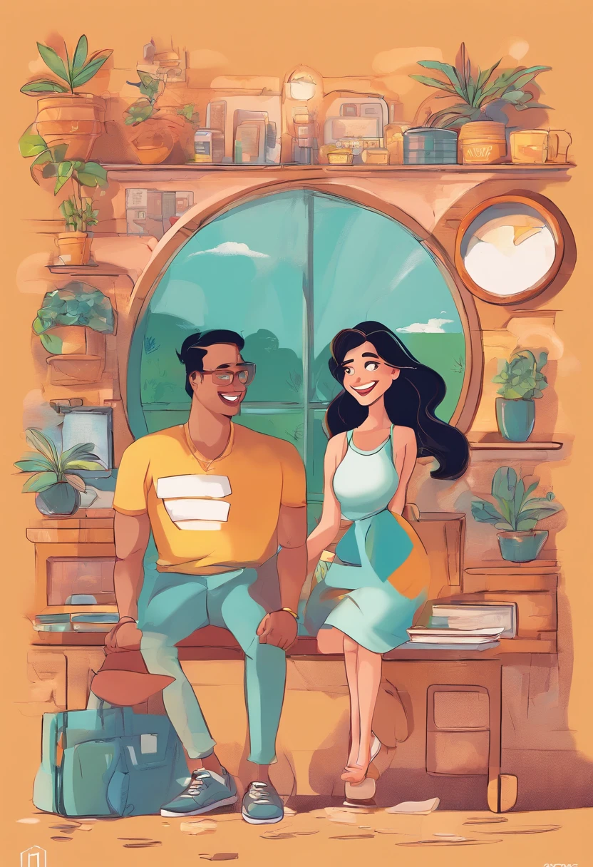 An illustration of an adorable couple, Spotlight on a man with indigenous characteristics, rechonchudo, With eye Glasses, Smiling and a blonde woman with beautiful expressive eyes - the man's skin is brown and the man's hair is black and short, The woman's skin is white, and the woman's hair is straight and blond. They are a bright room, cada um com um sorriso no rosto, e compartilhar um momento especial caracterizado pelo amor, Insights. Illustrate this scene from a perspective where they are facing the camera, Smiling and Showing Your Connection, The background will be the Marabá waterfront in Pará in Brazil. Desenvolva esta arte em Full HD, Focus on your cinematic touch, Estilo Disney Pixar Animations