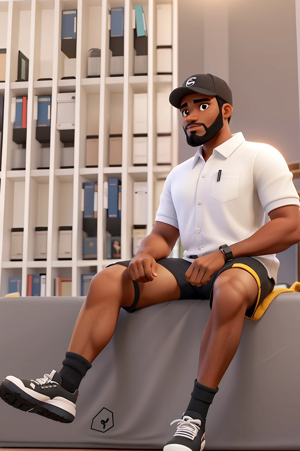Um jovem negro de pele clara, com barba cheia, forte parado na frente, illuminated by the light of a lamp, contra o pano de fundo de uma biblioteca