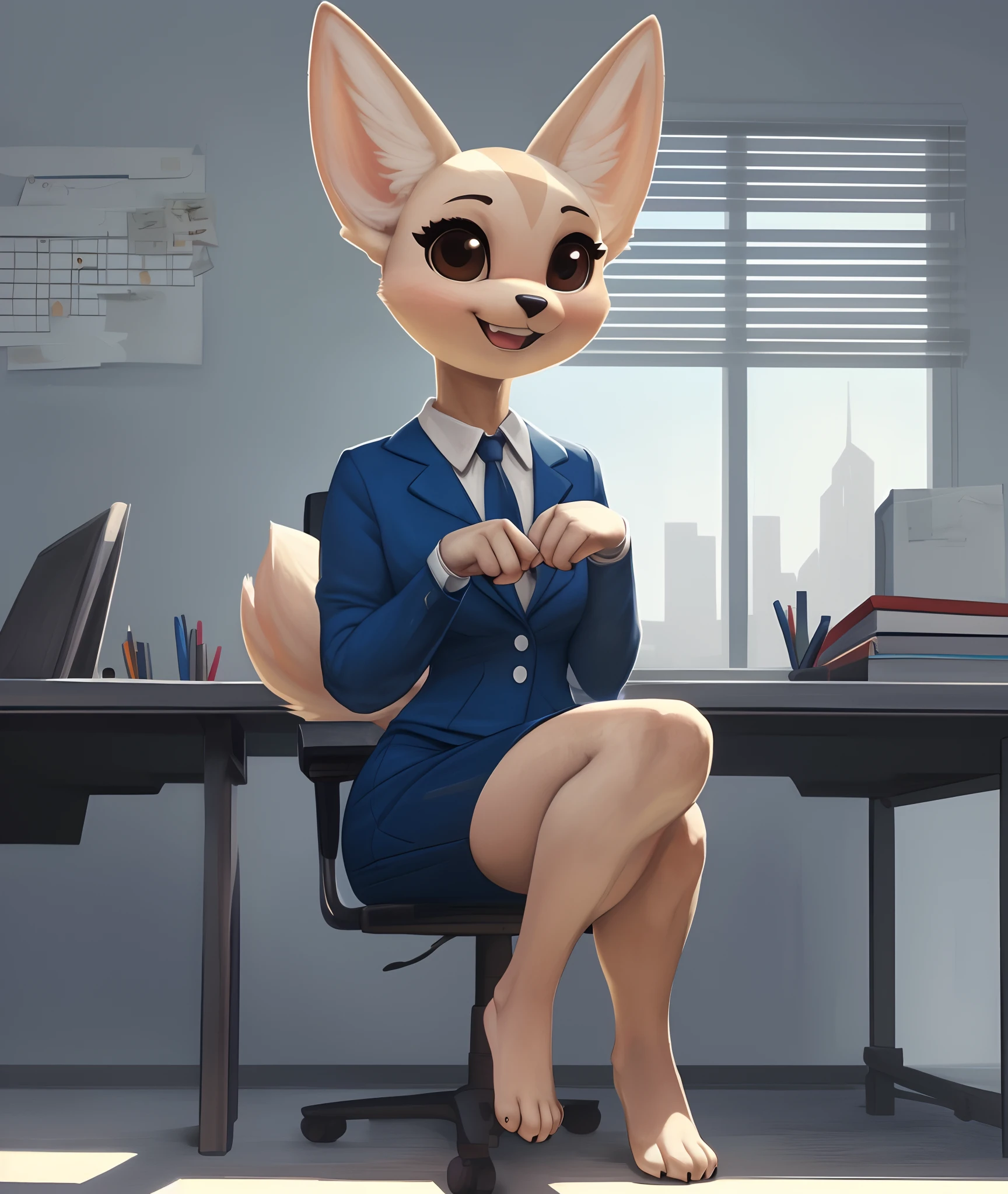 [fenneko], [aggretsuko], [Uploaded to e621.net; (Pixelsketcher), (wamudraws)], ((masterpiece)), ((HD)), ((solo portrait)), ((front view)), ((feet visible)), ((furry; anthro)), ((detailed fur)), ((detailed shading)), ((beautiful render art)), ((intricate details)), {anthro; (slim figure), beige fur, black nose, cute brown eyes, (short eyelashes), fluffy tail, (gorgeous hips), (beautiful legs), (beautiful feet), (excited grin), (cute fang)}, {(office woman), (blue blazer sweater), (short blue pencil skirt)}, {(sitting in office chair), (legs raised), (looking at viewer)}, [background; (cubicles), (white walls), (window), (blue sky), (sun rays)]