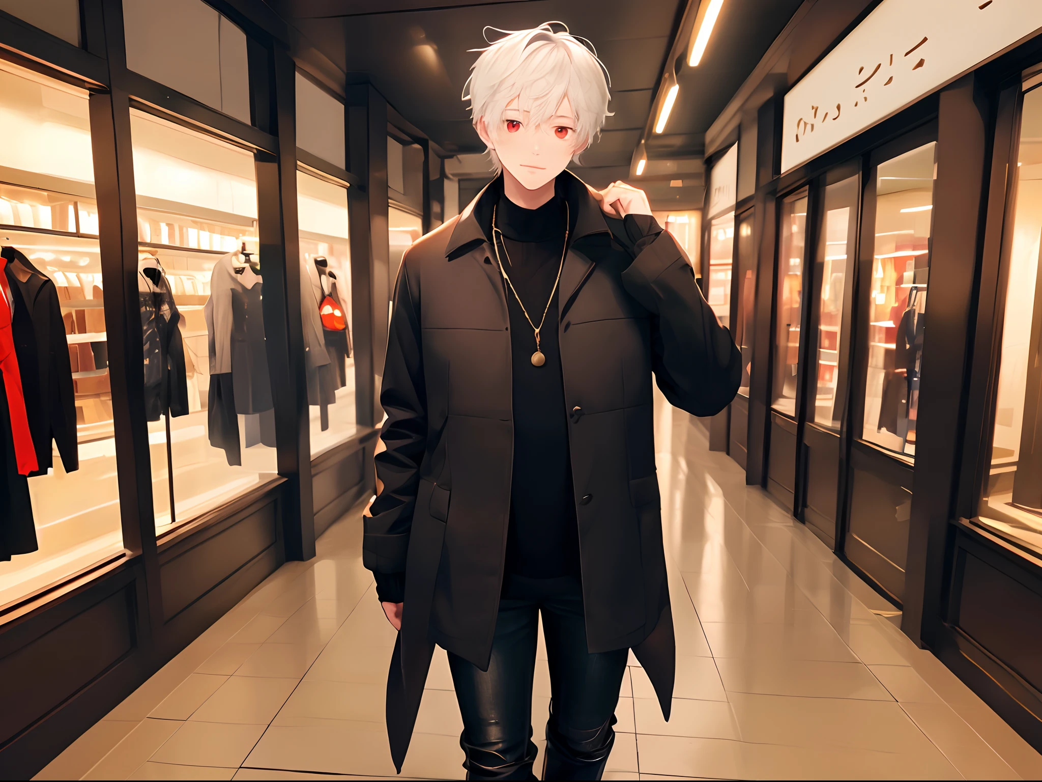 (4K works))、​masterpiece、(top-quality)、((In front of the department store))、Korean Male、Adult male、((Adult 50 years old))、((Adult uncle type))、((Leather Jeans Style))、((Face similar to Hyunjin))、Cool Men、tall、((Gentle face))、((Cool werewolf fashion in black))、((Long sleeve long trouser style))、((Smaller face))、Slim body、((Uncle))、((white  hair))、((white short-haired))、((Red Eyes))、((shot from front))、((Shot alone))、((Solo Photography))、Professional Photos、((Reach out to your audience))、((He walks in front of the viewer))、((dad bod))、