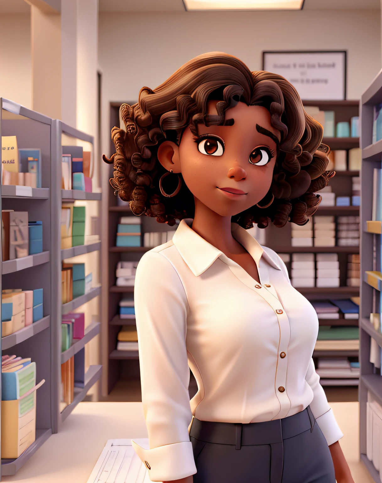 woman with dark skin and short curly hair with highlights at the ends wearing a white blouse with "ms stationery" reinforced on a stationery store counter