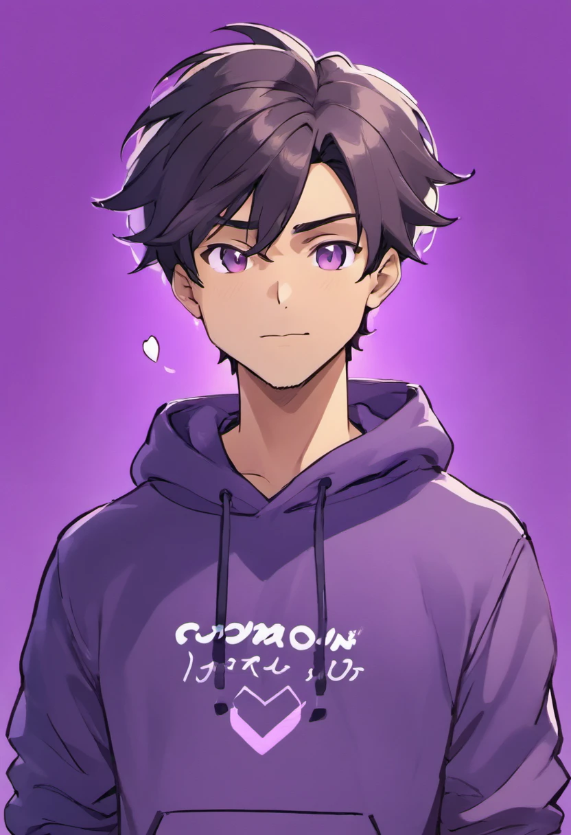 Luiz Henrique, moreno, cabelo preto curto estilo low fade e barba rente, rosto oval arredondado e maxilar marcado, 35-year-old appearance wearing dark grey sweatshirt with LuizTonon writing in purple and white outline, fones de ouvido branco com luzes rgb, neon lighting background