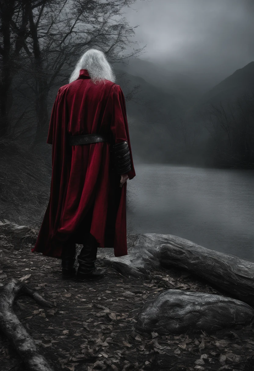 Create an image of an adult man in his 60s, with a gray mustache and long gray hair, wearing a red leather cloak This man looks like a wise and experienced traveler. His hair and mustache are gray, but they are still thick and healthy. His leather cloak is a bright red color that stands out from the surrounding landscape. He looks like he is ready for any adventure.