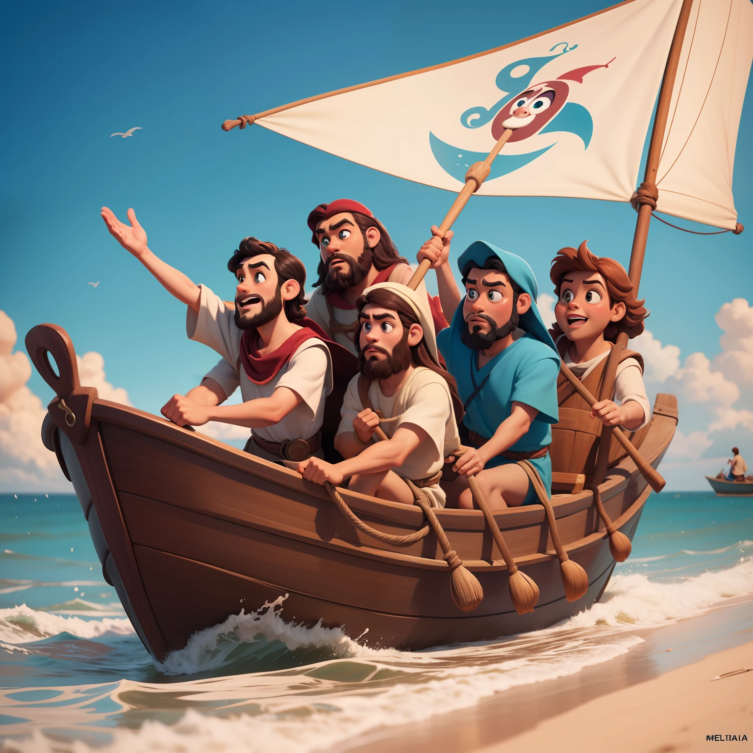 poster no estilo disney pixar. Jesus and his disciples in a boat on the sea. Estilo Disney Pixar, alta qualidade, melhor qualidade.