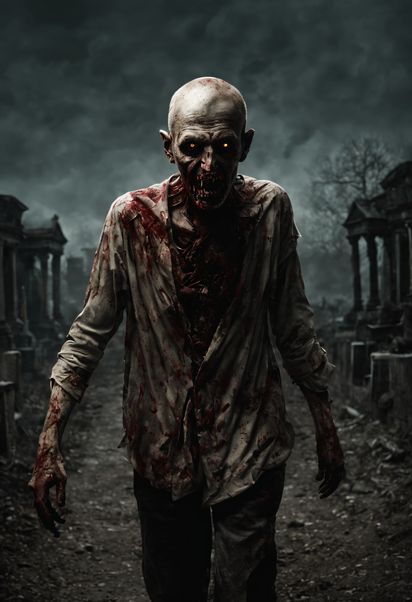 (zombie),(best quality,ultra-detailed),(horrifying,nightmarish),(living dead,undead:1.1),(rotting flesh),(pale skin),(sunken eyes),(bloody mouth and teeth),(torn clothes),(creepy atmosphere),(dark shadows),(emphasis on gory details:1.1),(horror movie),(zombie apocalypse),(moonlit graveyard),(eerie fog),(ominous moon),(spooky lighting),(sinister expression),(abandoned buildings),(cemetery),(shuffling walk),(decay),(creaking sounds),(eerie silence),(ghastly appearance),(horror makeup),(menacing figure),(sinister presence),(unearthly groaning),(horrifying transformation),(unsettling atmosphere),(imposing posture),(dead eyes),(haunting),(terrifying scene),(distorted limbs),(menacing aura),(grimacing face),(unholy terror),(pleasingly grotesque:0.9),(shambling gait),(guts and gore),(horrific details),(biting and devouring),(creepy visuals)