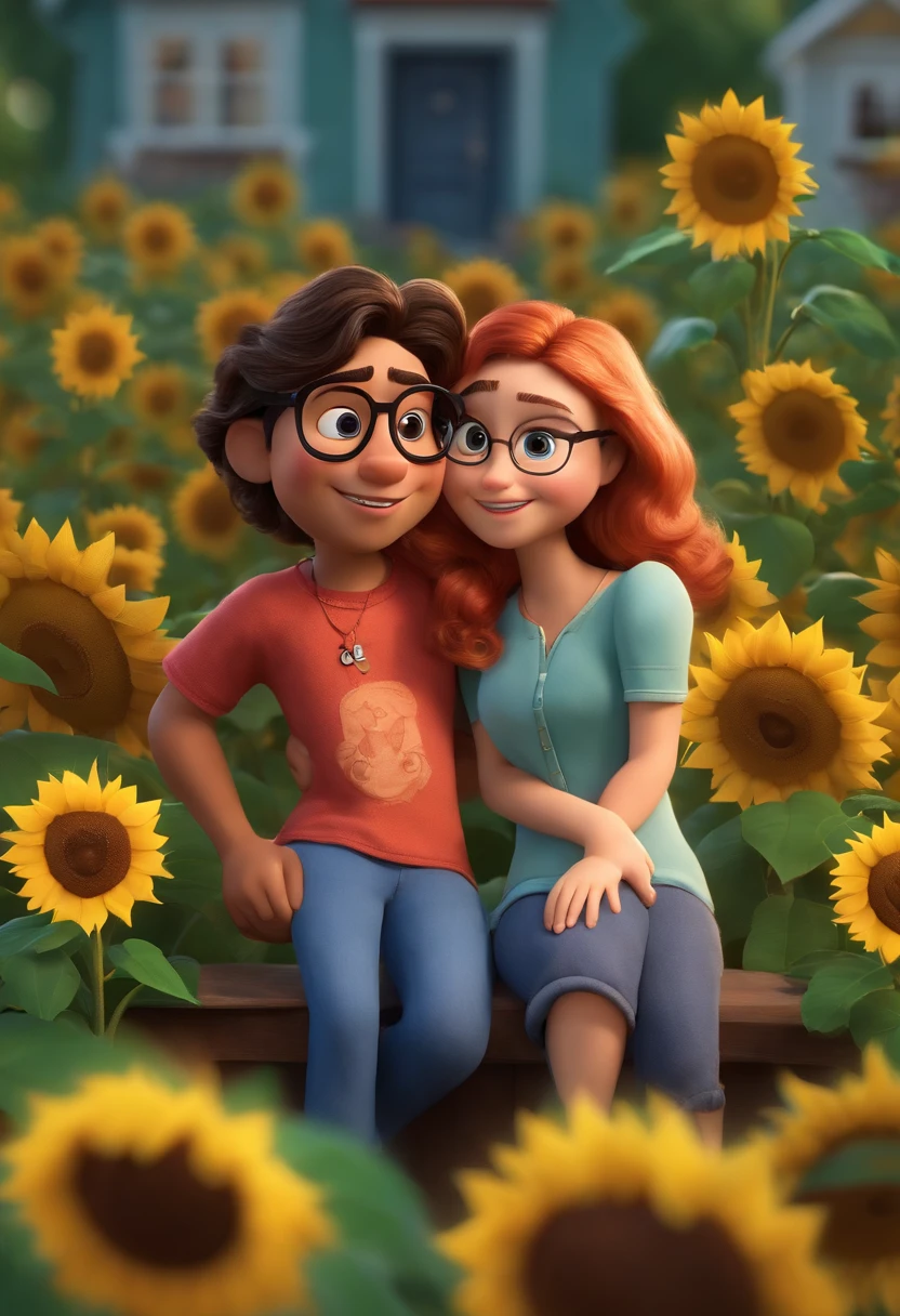 Create a Disney PIXAR-style 3D poster. ((duas jovens)) ((They're hugging each other, a lado esquerdo tem pele clara, usa oculos e cabelos castanhos e olhos castanhos escuros e jeito timido,a outra jovem tem pele clara, olhos e cabelos ao lado, usa oculos escuro e tem blusa branca lisa)) ((tudo isso no estilo Disney PIXAR 3D, In the background, A house of sunflowers))