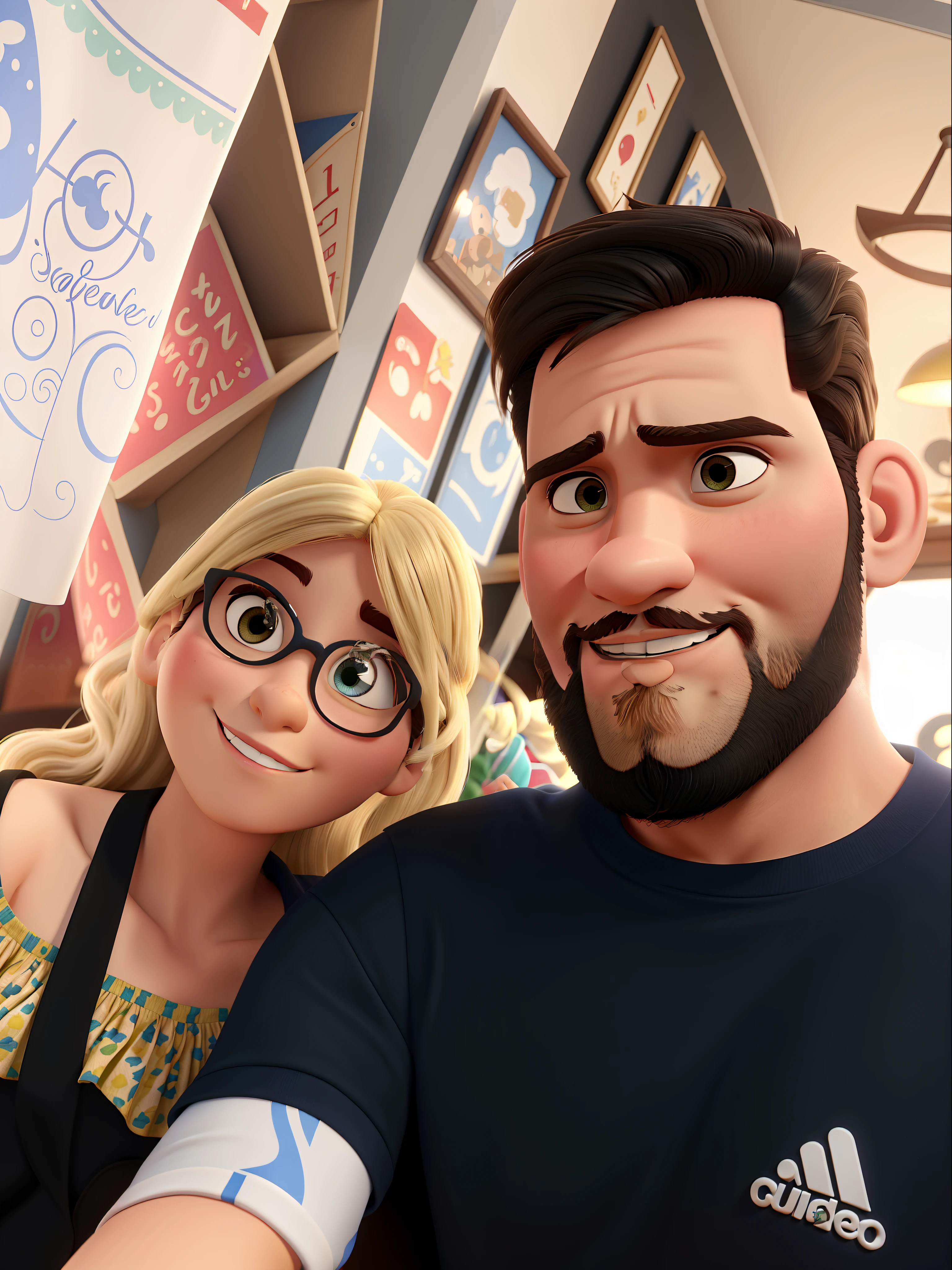 Casal estilo disney pixar melhor qualidade alta qualidade. Homem cabelo curto  barba e mulher loira olhos castanhos cabelos longos lisos
