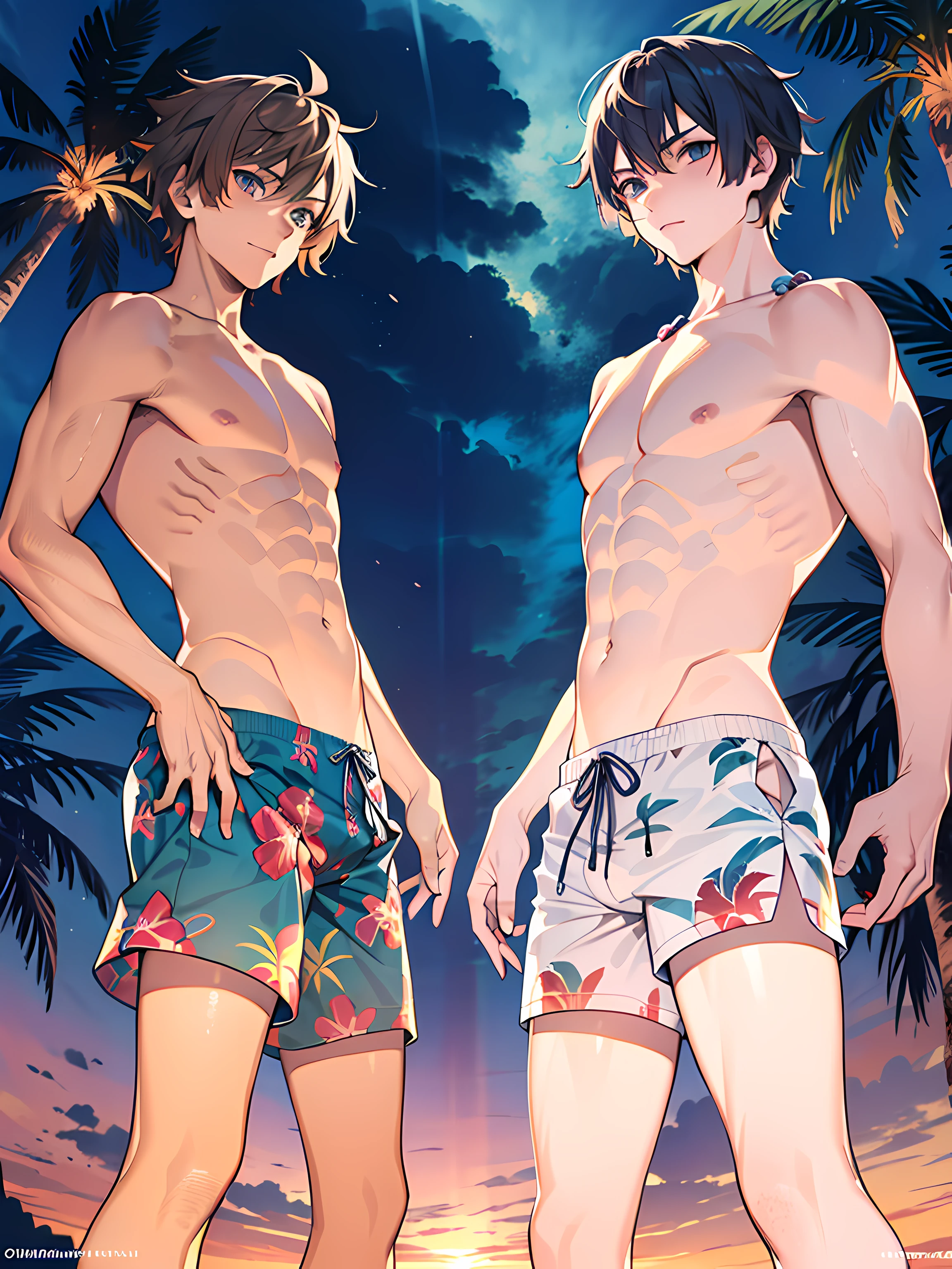 male people　twinks　{{ember}}　Hawaiian ocean　evening　Palm trees 　swimming trunks, muscular