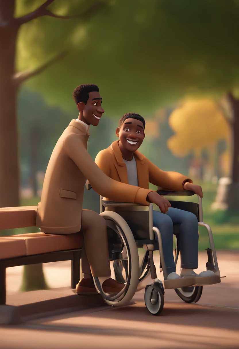 3d pixar style, The image shows two men outdoors, with a blurred background of trees and a handrail. The man in front is in a wheelchair and wears casual clothing, including a beige coat. He is smiling widely. Behind him, a second man, of African descent, wearing a black coat, stands with one foot on the footrest of his wheelchair, appearing to be hitching a ride. He's learning forward, laughing happily. They both seem to be having fun and sharing a moment of joy.