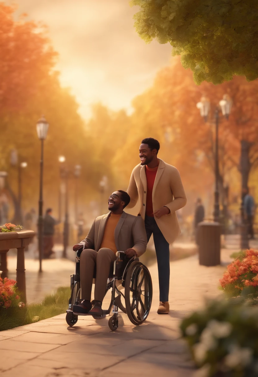 3d pixar style, The image shows two men outdoors, with a blurred background of trees and a handrail. The man in front is in a wheelchair and wears casual clothing, including a beige coat. He is smiling widely. Behind him, a second man, of African descent, wearing a black coat, stands with one foot on the footrest of his wheelchair, appearing to be hitching a ride. He's learning forward, laughing happily. They both seem to be having fun and sharing a moment of joy.