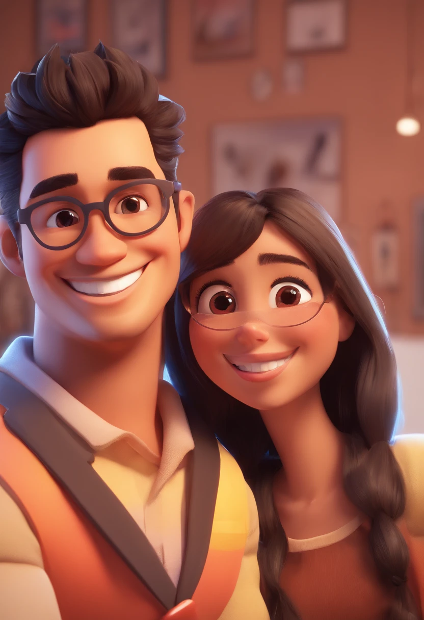 An illustration of an adorable couple, Highlight for a chubby mulatto man with glasses smiling and a brunette woman with beautiful expressive eyes - the man's skin is mulatto and the man's hair haswhile the woman's skin is black and the woman's hair is straight and brown. They are a bright room, cada um com um sorriso no rosto, e compartilhar um momento especial caracterizado pelo amor, Insights. Illustrate this scene from a perspective where they are facing the camera, Smiling and Showing Your Connection. Desenvolva esta arte em Full HD, Focus on your cinematic touch, Estilo Disney Pixar Animations