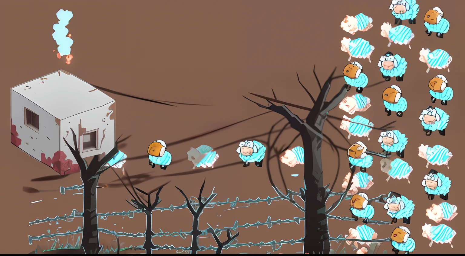 There are many sheep that are standing in the grass, Game Illustration, Lateral - Rolagem 2D Platformer, electric sheep, Captura de tela do jogo, captura de tela do videogame, Fanart do jogo 2D, videogame ainda, arte do jogo, Ativo de jogo 2D, Dreaming of electric sheep, captura de tela do jogo, invading army background, ovelha, Jogo de rolagem lateral 2D, Arte do jogo 2D