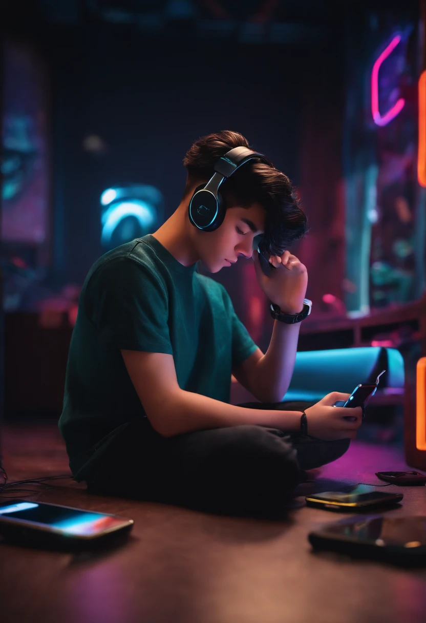 create a Pixar style 3D image capturing a scene of an 18-year-old man with black hair with the gradient cut on his hair eroding on top of how to make music on his cell phone in the black room with the LR logo on the wall