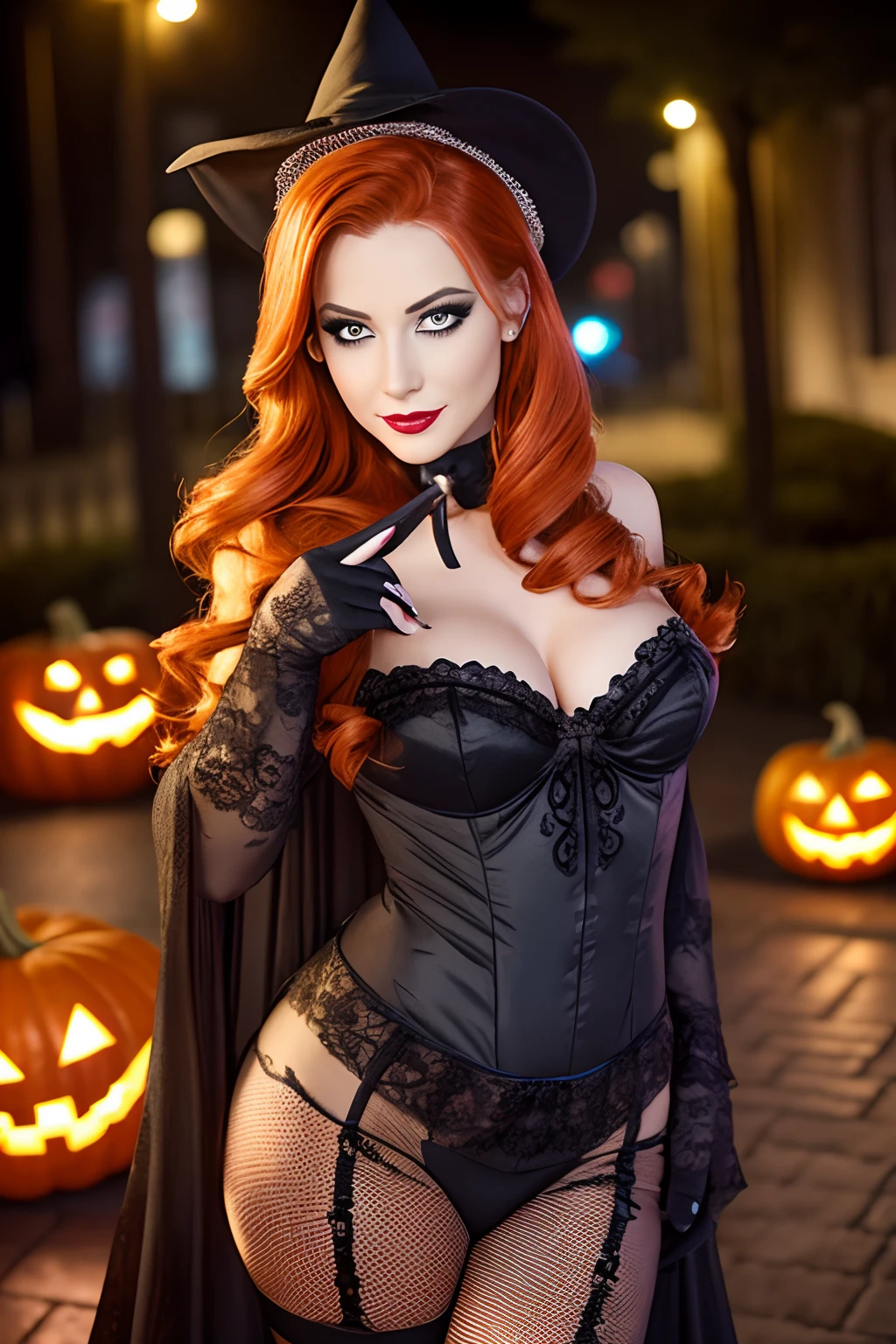 (Selfie, plan: 1.4), (Right half of the body: 1.4), RAW UHD portrait photo of a 24-year-old redhead European woman (Femme aux yeux verts) marcher dans une ruelle sombre, Halloween Costume, Ville la nuit, (rocher), (encolure), specifics (tissu! , cheveux! , briller, couleur!! , disadvantages: 1.1), Bright eyes with a high level of detail (staring into the camera), SLR lighting, Appareil photo reflex mono-objectif, ultra quality, re sharpness, profondeur de champ, Filmkorn (milieu), Fujifilm XT3, Limpide, Rahmenmitte, beau visage, mise au point nette, street lamp, Neonbeleuchtung, Bokeh (dimly lit), Nuit, (Ciel nocturne), detailed skin pores, peau grasse, coup de soleil, intricate eye details, corps entier entier, gros seins, souriante, flirts with the camera, Dressed in a ghost Halloween costume , Halloween Ghost, maquillage halloween, sourire, (Marilyn Monroe:0.2)