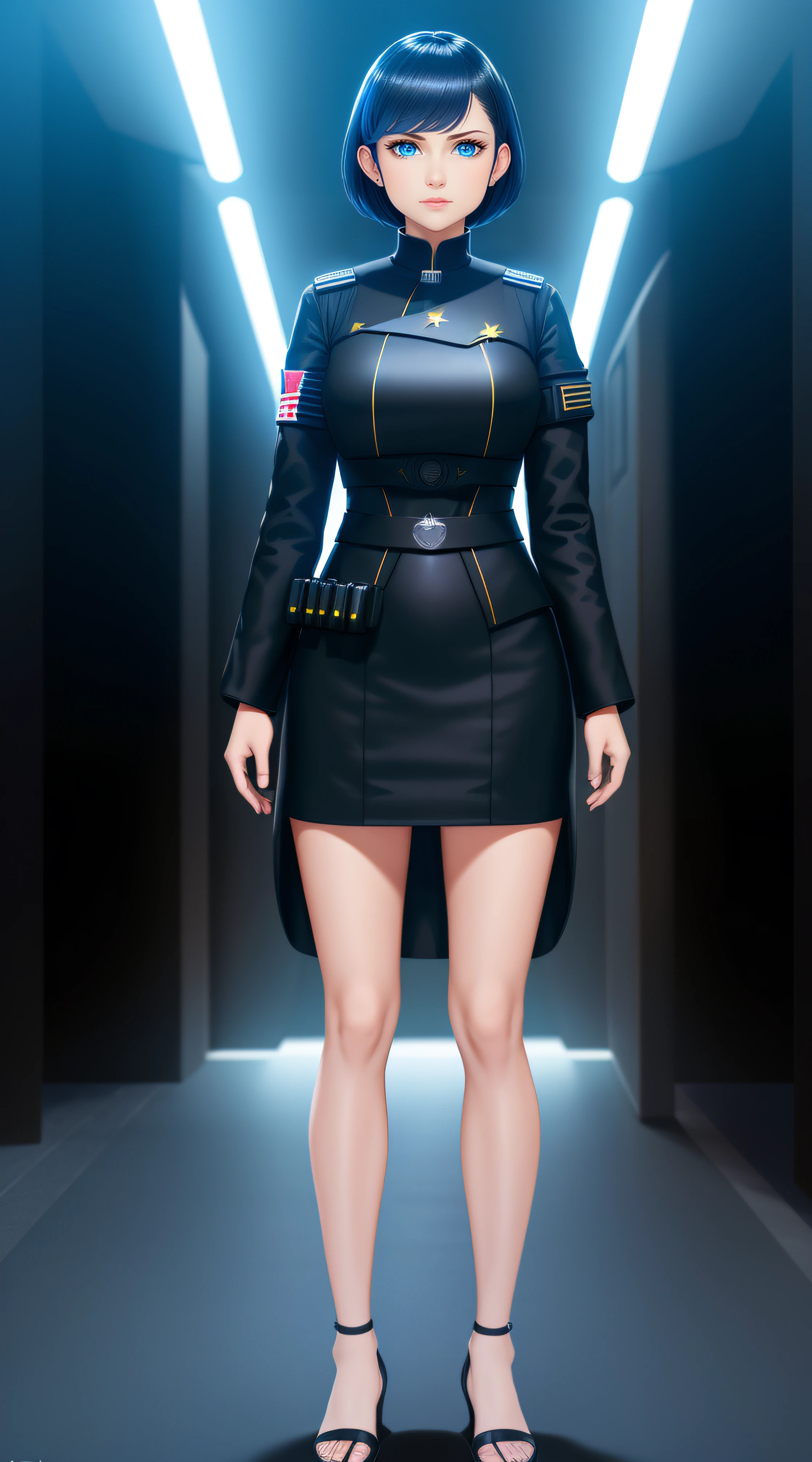 Science Fiction,Sci-Fi,Sci-Fi Movies,Foundation Movie References,Stories about Rebellion,Anti-Government Groups,Politics,War,25-Year-Old Woman, Full Body, Adult,Dark Blue Water-Colored Eyes,Black Bob Short Hair,1945 Doctor Gown,Fully Dressed,Polite Dress,Serious Face,Realistic Face Resolution,Realistic,Object Resolution, (dark city night black background:1.4)