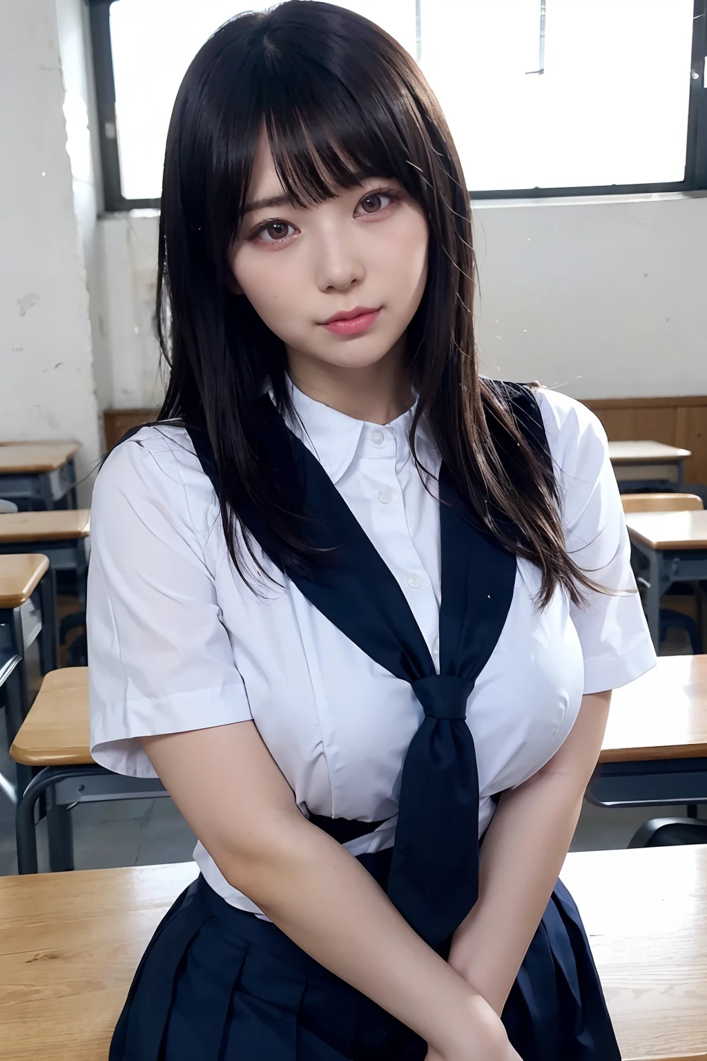 nsfw, there is a woman in a school uniform posing for a picture, surrealist schoolgirl, Female Student, Realistic Schoolgirl, beautiful anime high school girl, Cute Schoolgirl, Japan school uniform, japanese girl school uniform, Girl in Uniform, cyber school girl, Korean Girl, A seductive anime girl, goddess of Japan, Japanese Models, wearing a Japanese school uniform, huge tit, (perfect shape tits)