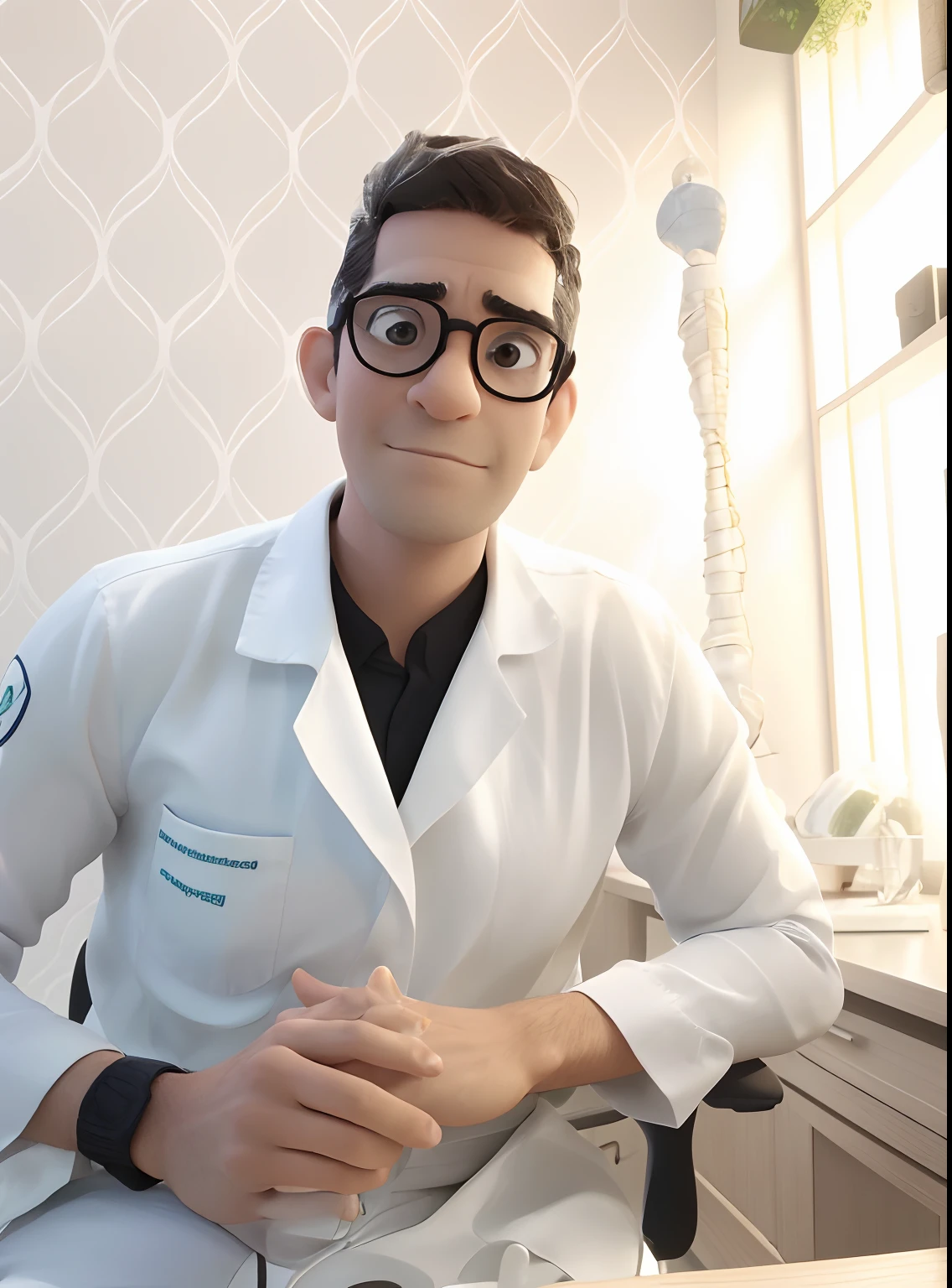 Bonito alto, fisioterapeuta,  masculino 33 anos de idade, com olhos arredondados castanho escuro, wears glasses with black and round frames, com jaleco, Sitting at an office desk, ao fundo um raio x e uma imagem do homem vituviano de DaVinci;, A white ornament written gratitude, huge head, cebelos curto, wearing round black thin frame glasses, olhos altamente detalhados , whole body view