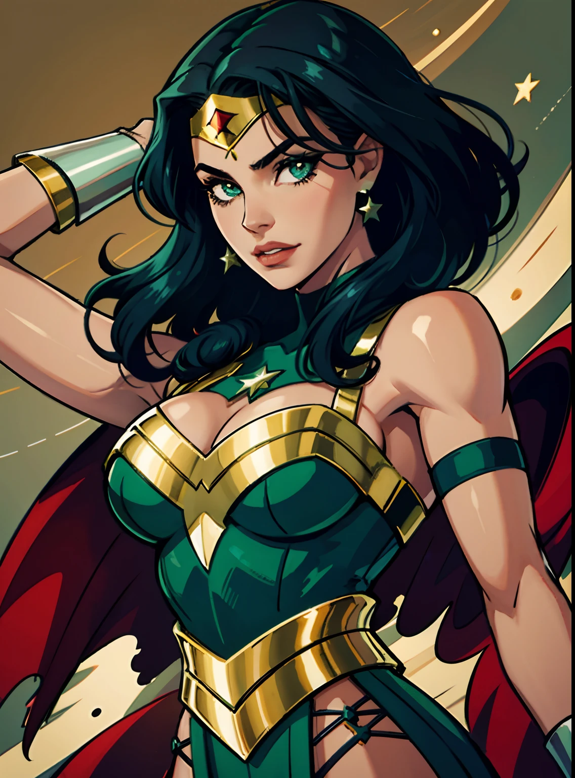 Mulher maravilha, cabelo preto, cabelo longo, olhos verde, tiara, collant amarelo, joias, estrela \(simbol\), decote, maquiagem, Superhero Only the upper body. Estilo cartoon