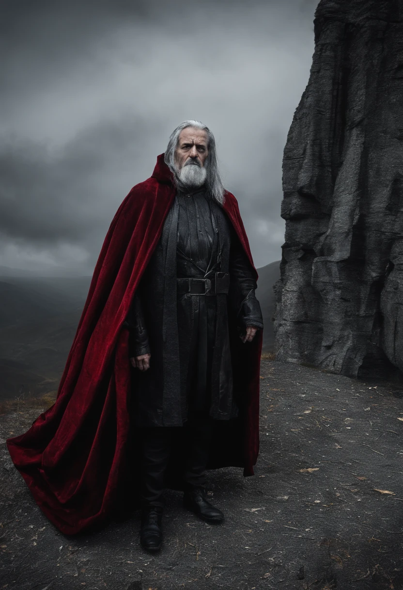 Create an image of an adult man in his 60s, with a gray mustache and long gray hair, wearing a red leather cloak This man looks like a wise and experienced traveler. His hair and mustache are gray, but they are still thick and healthy. His leather cloak is a bright red color that stands out from the surrounding landscape. He looks like he is ready for any adventure.