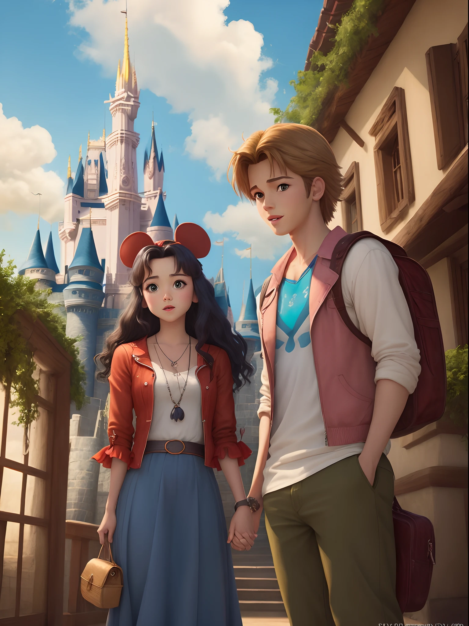 A couple of people standing in front of a castle - SeaArt AI