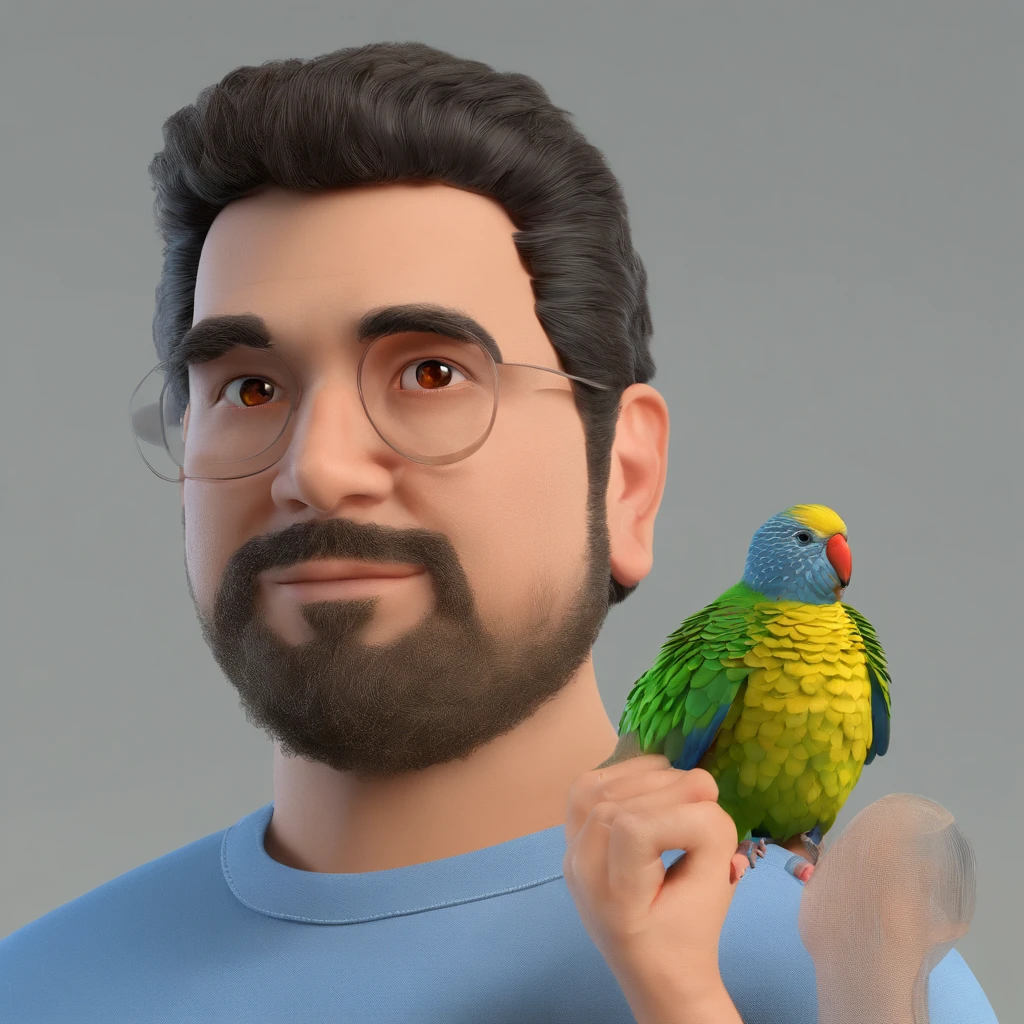 Felipe, cabelo grande cacheado quase crespo, um pouco pardo, um sinal na sua bochecha esquerda, magro, camisa azul claro, and a collared parakeet in your hand