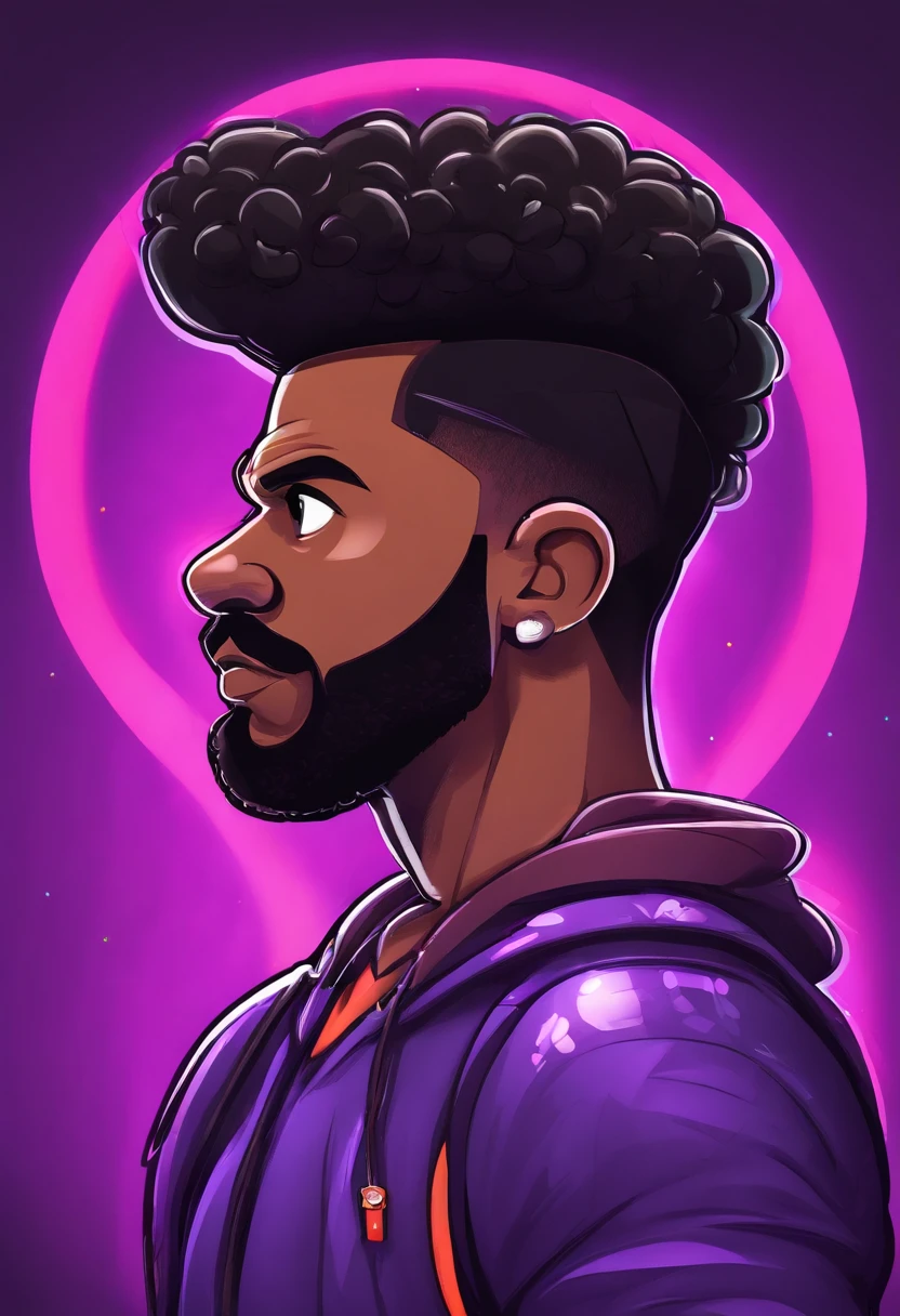 Luiz Henrique, moreno, cabelo preto curto estilo low fade e barba rente, rosto oval arredondado e maxilar marcado, 35-year-old appearance wearing dark grey sweatshirt with LuizTonon writing in purple and white outline, fones de ouvido branco com luzes rgb, neon lighting background