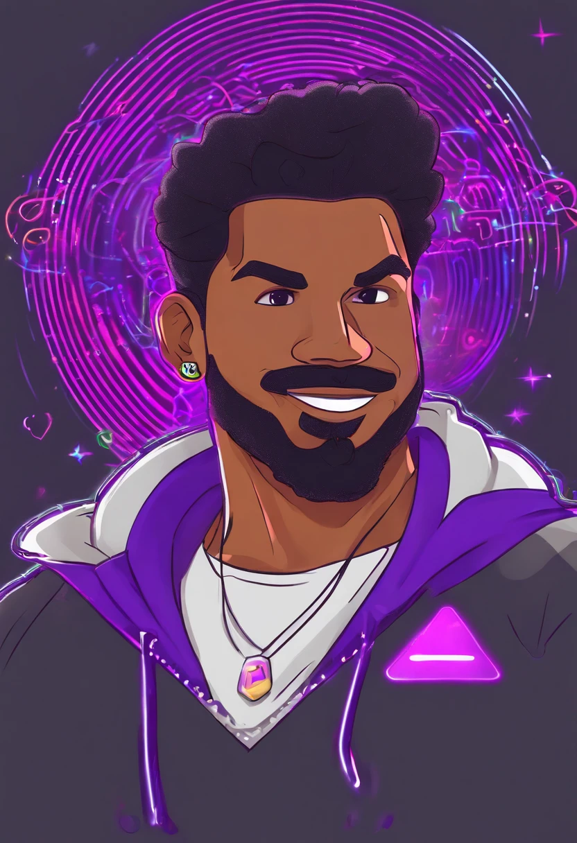 Luiz Henrique, moreno, cabelo preto curto estilo low fade e barba rente, rosto oval arredondado e maxilar marcado, 35-year-old appearance wearing dark grey sweatshirt with LuizTonon writing in purple and white outline, fones de ouvido branco com luzes rgb, neon lighting background