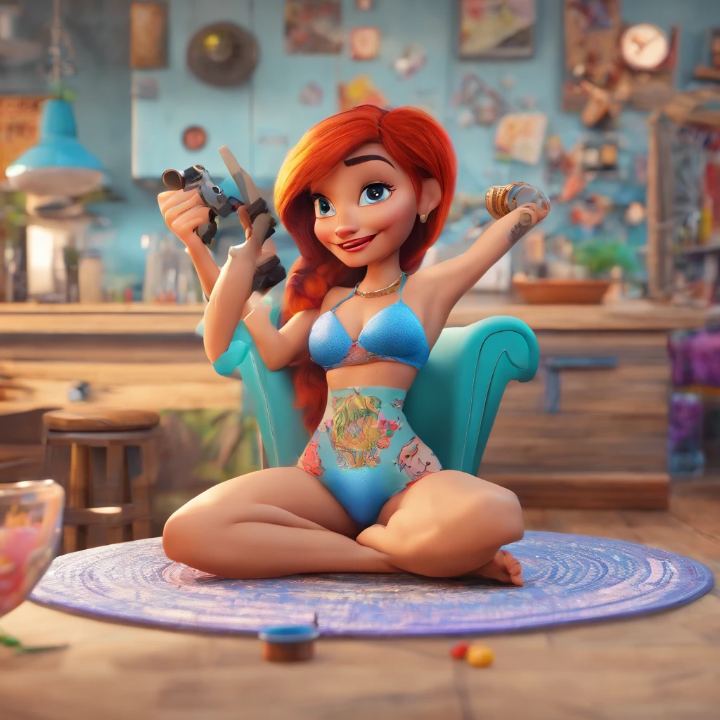 create a 3D movie poster inspired by Disney Pixar, The scene should be in Pixar's signature digital art style, com uma imagem caricatural que lembra a cantora brasileira "Anita" in the prone position, Wearing a bikini while a tattoo artist is sitting tattooing with a giant ring on one hand, inside a tattoo parlor.