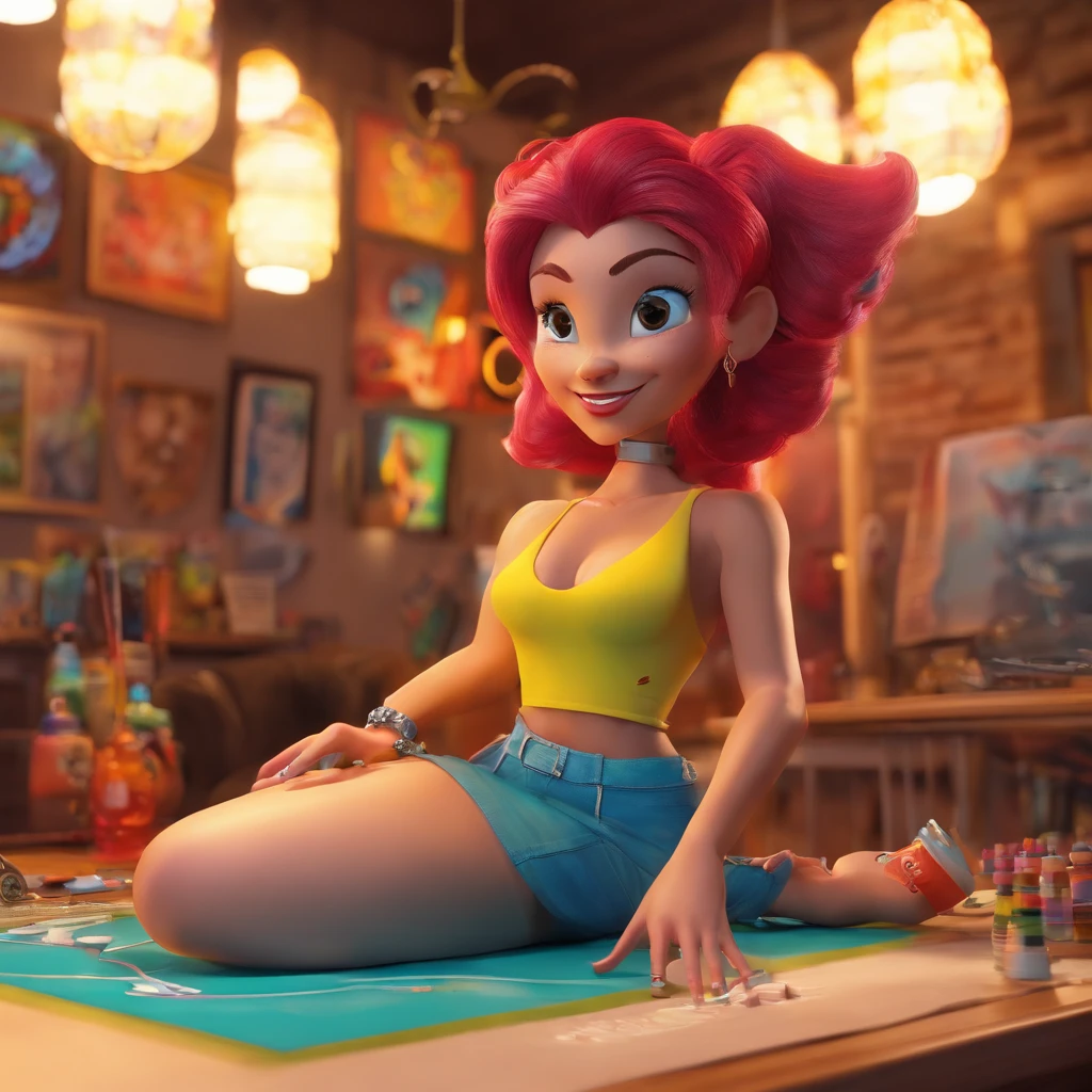 create a 3D movie poster inspired by Disney Pixar, The scene should be in Pixar's signature digital art style, com uma imagem caricatural que lembra a cantora brasileira "Anita" in the prone position, Wearing a bikini while a tattoo artist is sitting tattooing with a giant ring on one hand, inside a tattoo parlor.