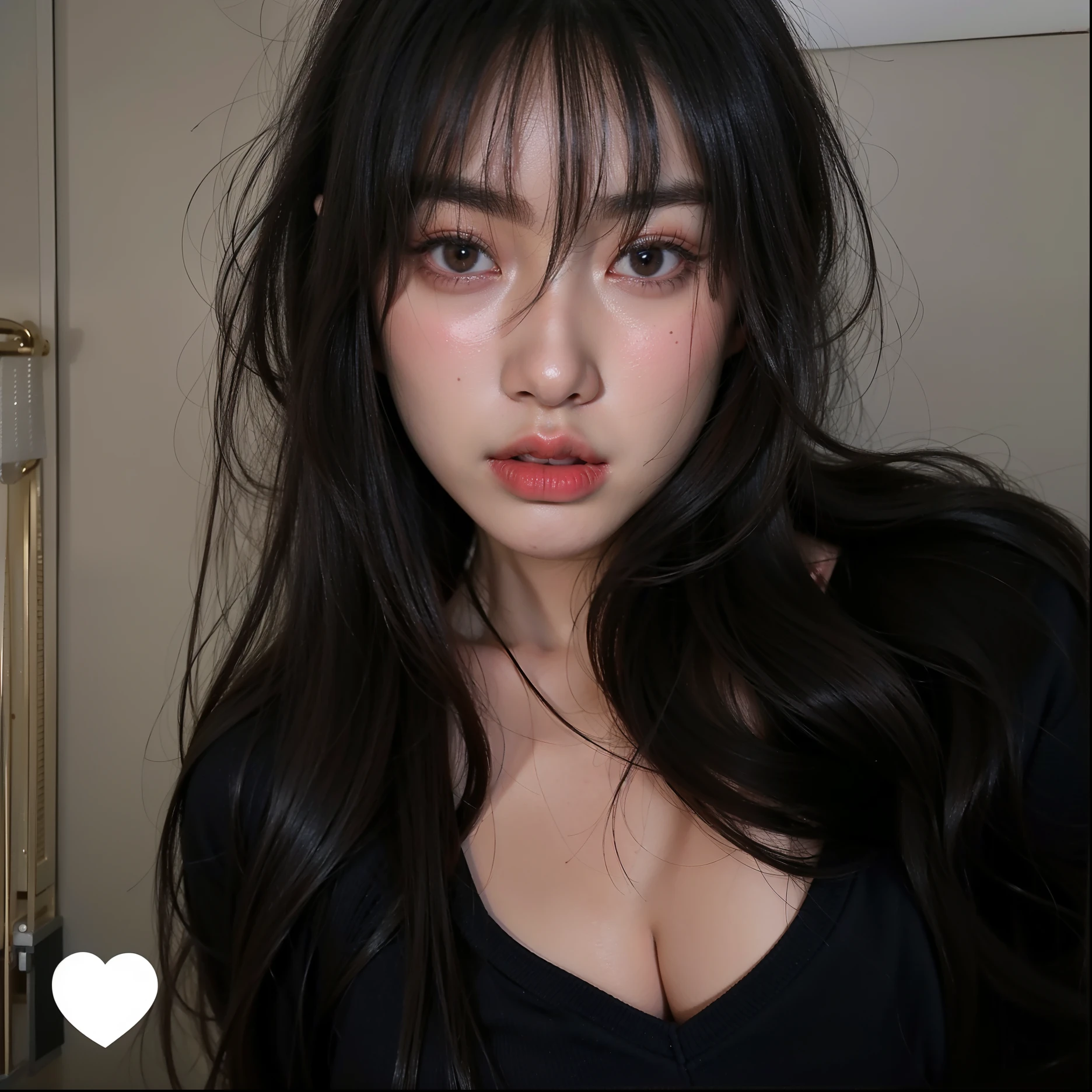 (Best Quality, 8k, 32k, Masterpiece, UHD: 1.2), Cute Woman Pictures, 1 Girl, Black Hair, (Long Straight Hair: 1.2), (Dull Bangs: 1.2), (Open Mouth and Tongue Sticking Out: 1.8), Pretty, Realistic Body, Fair Skin, Shiny Skin, Good Figure, Realistic Face, Beautiful Detailed Eyes, Drooping Eyes, Beautiful Big Eyes, Big Black Eyes, Beautiful Clear Eyes, ( Sleeping on the floor: 1.2), big breasts, overhead shot