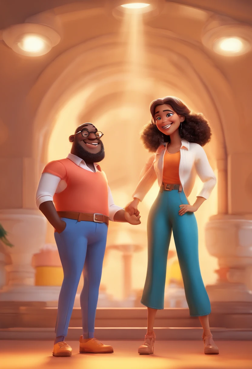 An illustration of an adorable couple, Highlight for a chubby mulatto man with glasses smiling and a brunette woman with beautiful expressive eyes - the man's skin is mulatto and the man's hair haswhile the woman's skin is black and the woman's hair is straight and brown. They are a bright room, cada um com um sorriso no rosto, e compartilhar um momento especial caracterizado pelo amor, Insights. Illustrate this scene from a perspective where they are facing the camera, Smiling and Showing Your Connection. Desenvolva esta arte em Full HD, Focus on your cinematic touch, Estilo Disney Pixar Animations