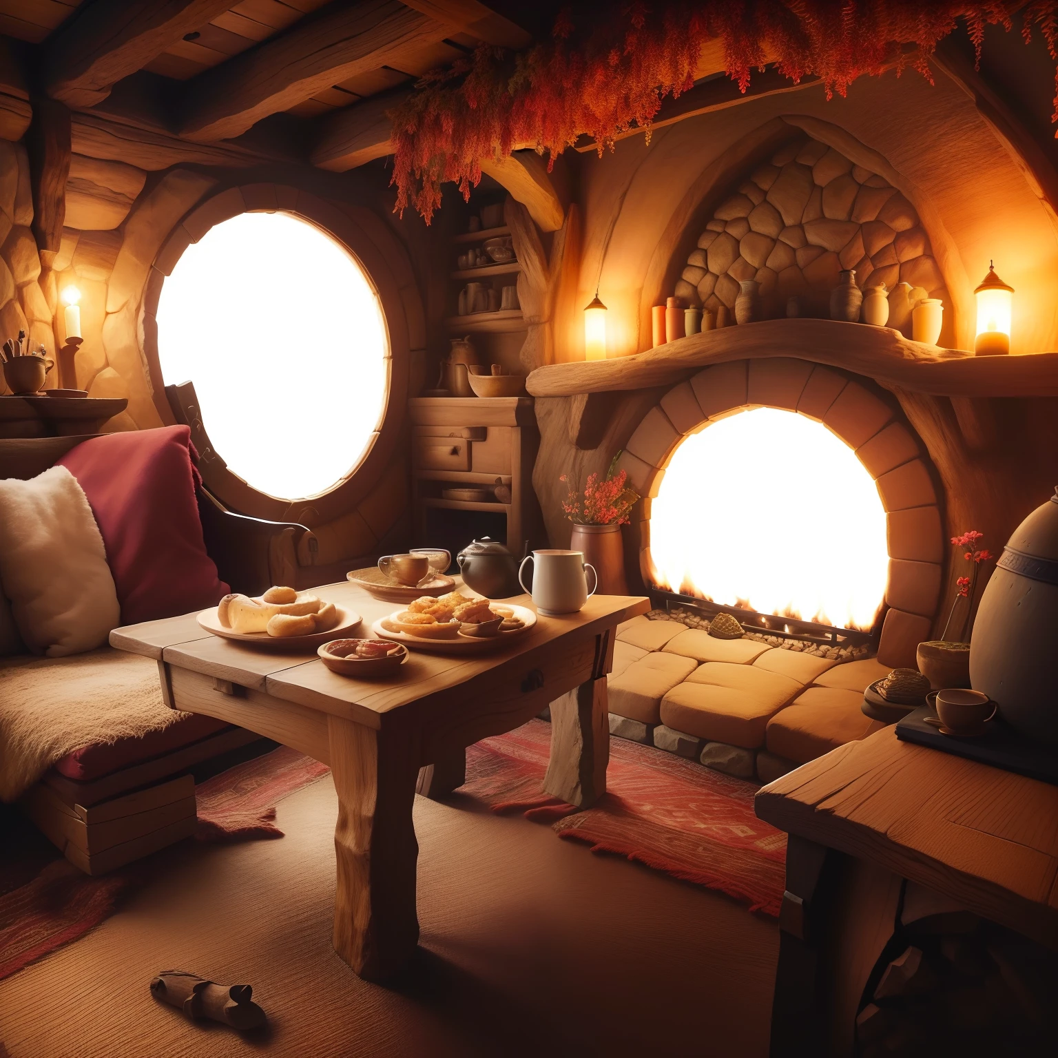 there is a living room with a fireplace and a table with a plate of food, interior of a hobbit hole, in his hobbit home, cozy home background, cozy place, cosy enchanted scene, cozy wallpaper, inside a medieval hobbit home, cozy environment, cozy living room background, a multidimensional cozy tavern, cozy room, cozy atmosphere, cozy and peaceful atmosphere
