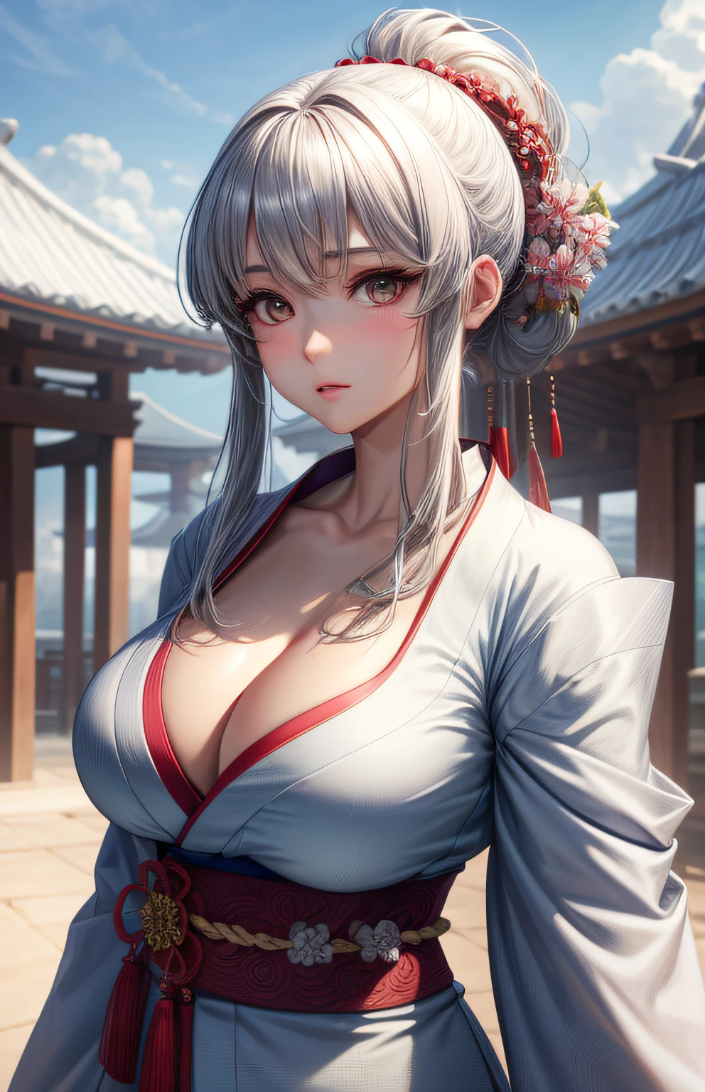 masterpiece、high-level image quality、photographrealistic、Upper body only、poneyTail、Big Breast、Large breasts、I can see the cleavage、Brown eyes、shiny silver hair、kimono、astonished face、Upper eyes、The wind is blowing、Raising the right leg、Sakura blizzard