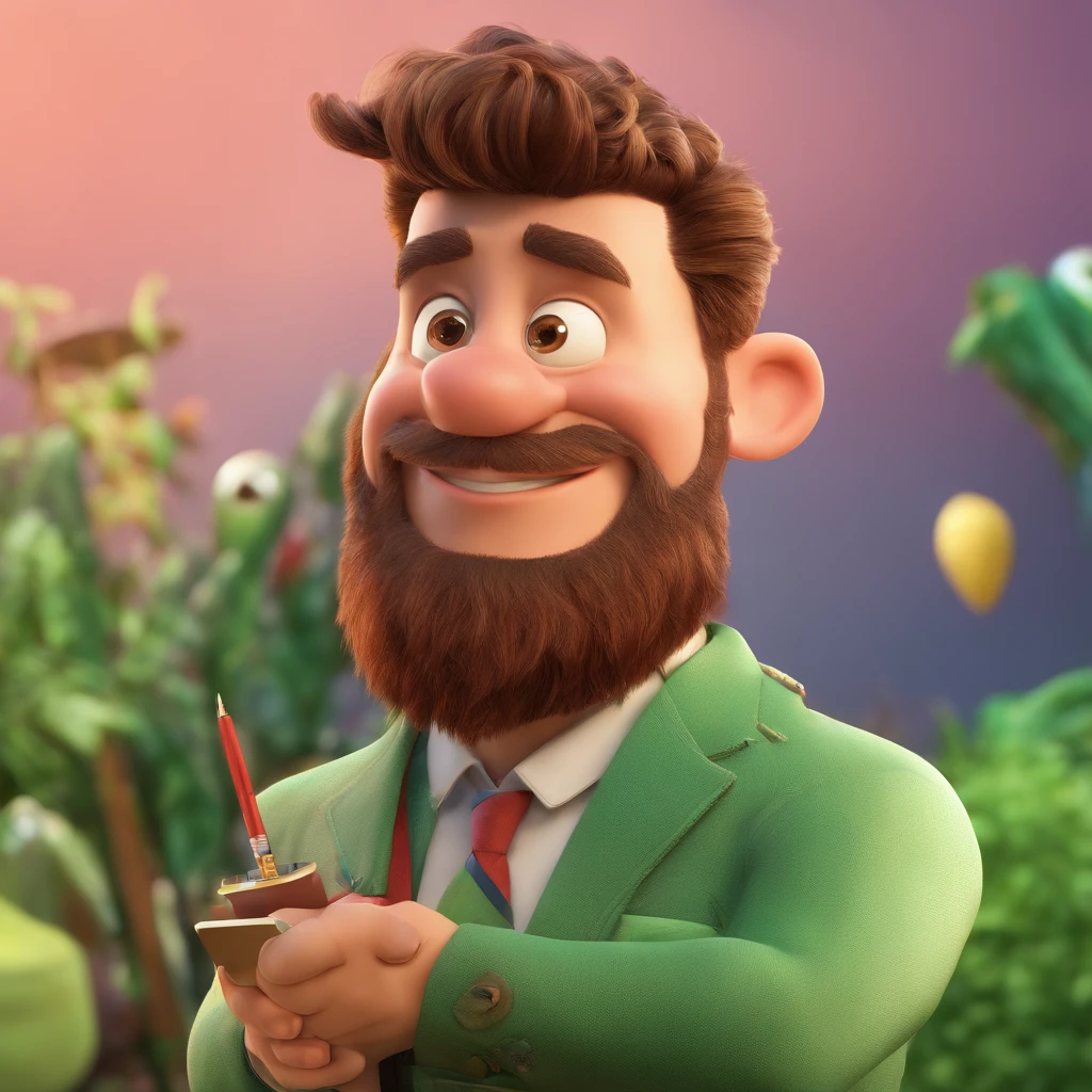 Create a Disney Pixar-inspired poster featuring the character of Pastor Rubens Janier, um homem japones com olhos verdes, cabelo espetado, barba feita, alto, magro, usando terno com celular e computador.