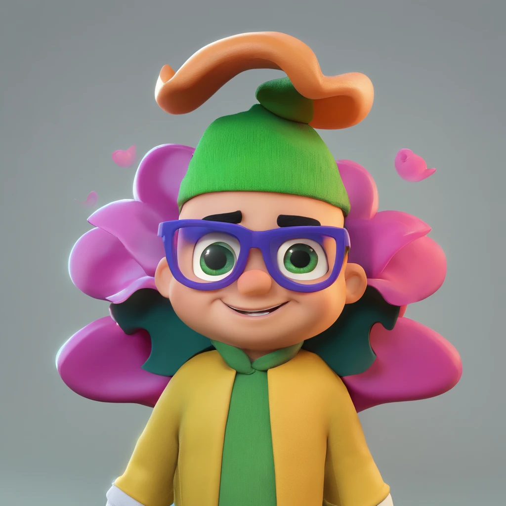 Create a Disney Pixar-inspired poster featuring the character of Pastor Rubens Janier, um homem japones com olhos verdes, cabelo espetado, barba feita, alto, magro, usando terno com celular e computador.