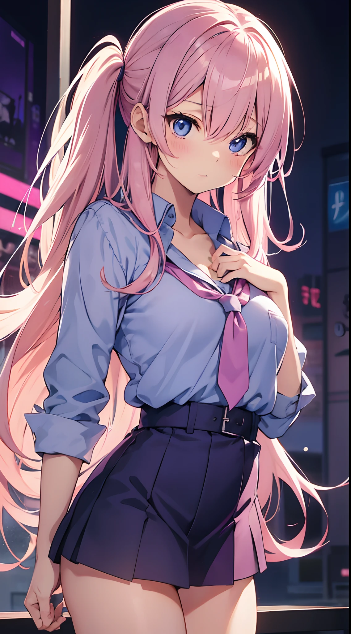 masterpiece, High resolution ,,Embarrassed face,I was so panicked.,Blushing,Obscene pose,sexy glamorous body,,Futuristic midnight downtown cityscape(((Pixel Perfect, Perfect in every detail))), alone, One girl, Chizuru Ichinose, big , (White collared shirt :1.3), View your viewers, Upper Body: 1.0, Are standing、whole body