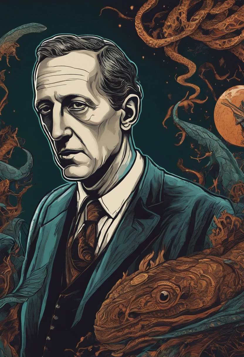 /imagine prompt: H.P. Lovecraft illustration for a sticker with a black background, in bold outline style, jagged edges, trashcore, light shading --v 5.2