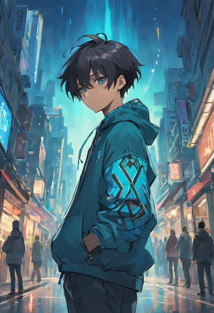 African American male, short hair, dreadlocks, aquamarine eyes, black hair, black and blue jacket, gray hoodie, full body, city in background, 1 boy, logo on jacket,